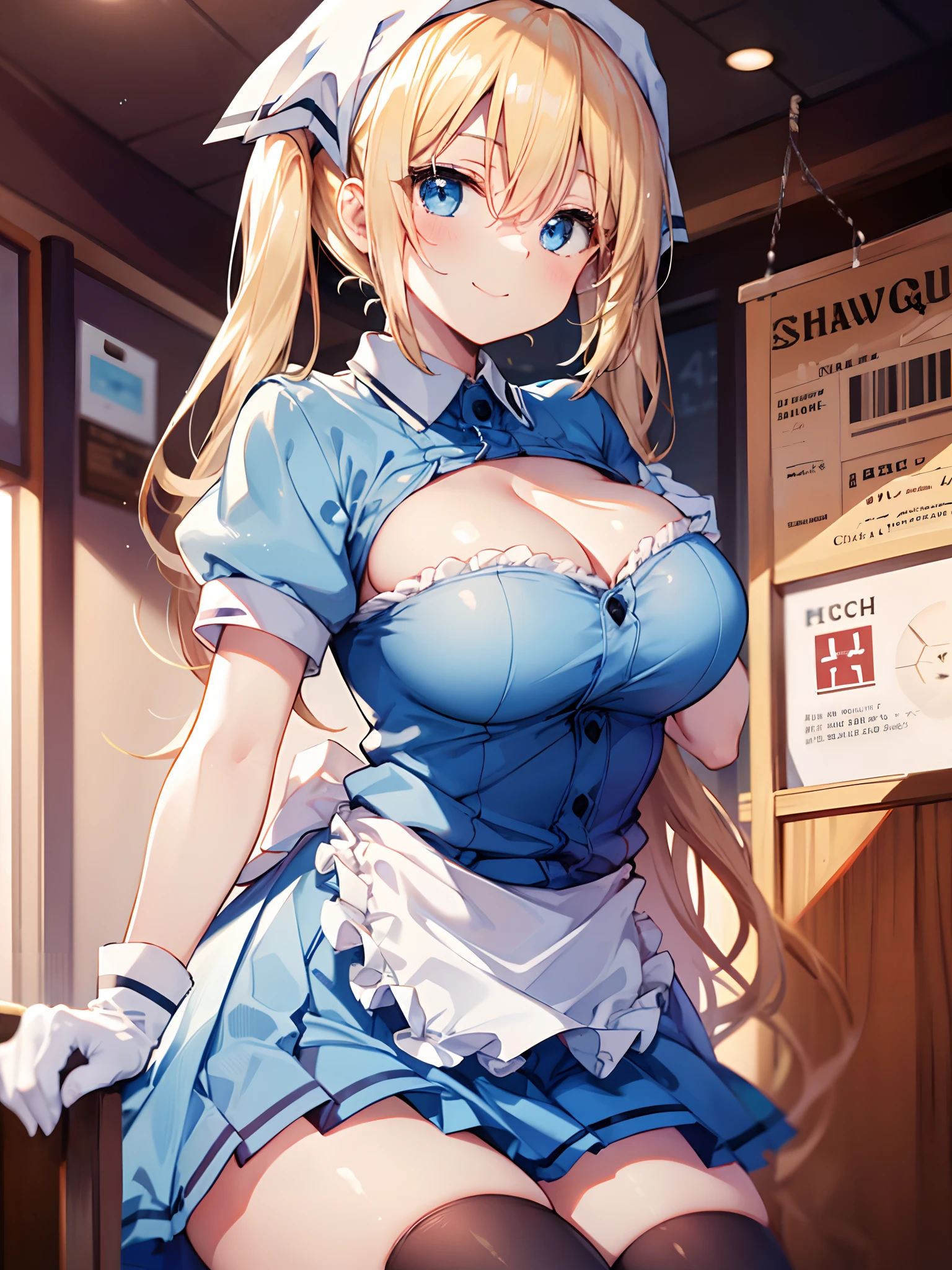 1girl in, (Chiquita:1.2), 
hinata kaho
twintails
head scarf
waitress
frills
blue shirt
waist apron
puffy short sleeves
blue skirt
thighhighs
white gloves
(Close Shot, Best Quality, hight resolution, 4K, Detailed Lighting, Shaders, NSFW), 

cleavage, Skirt,  
Smiling,