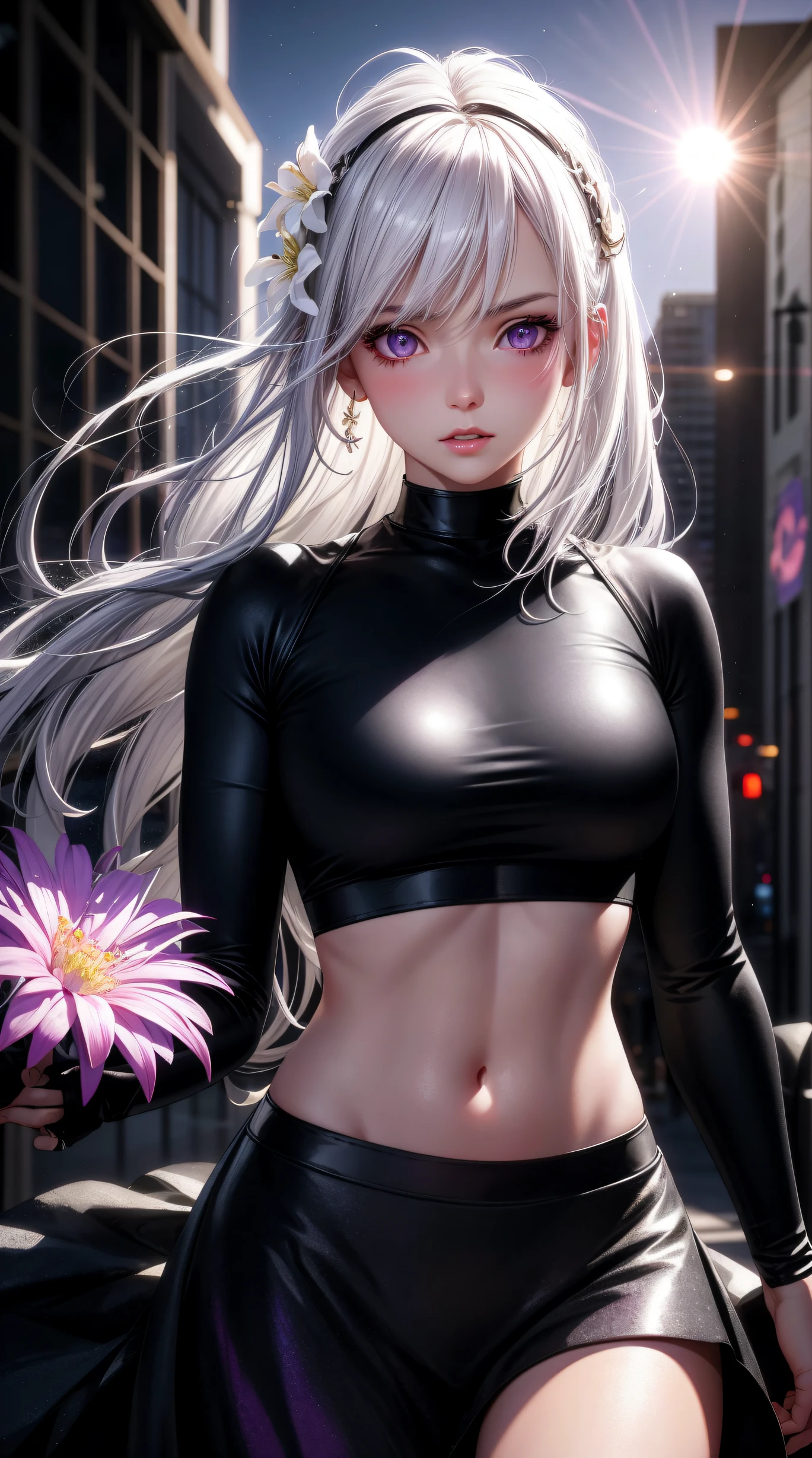 realistic, 1girl, white hair, purple eyes, glowing eyes, crop top, skirt, parted lips, blush, night, flowers, sun, sunlight, gray background.