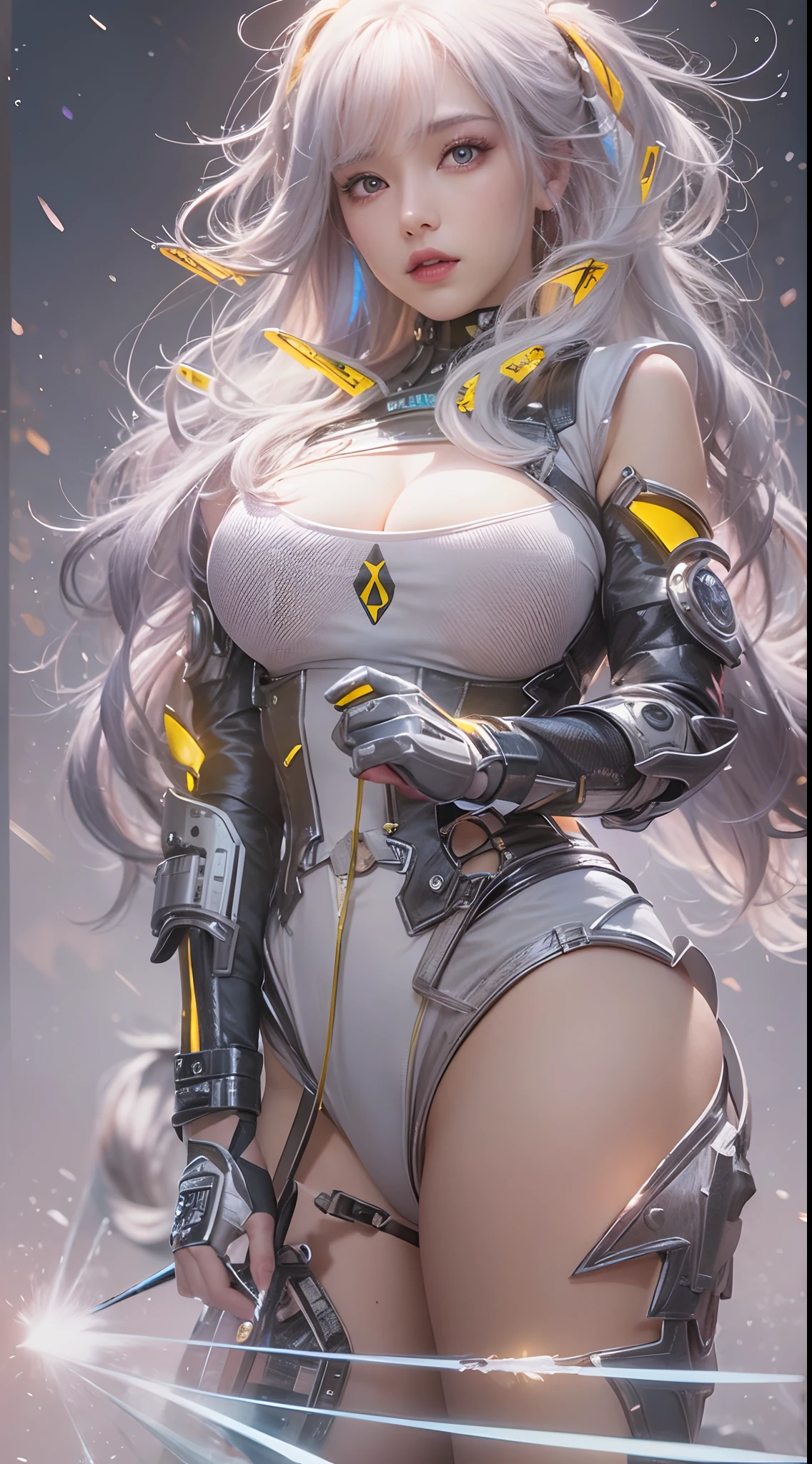 masterpiece, 1 beautiful girl, Detailed eye, Swollen eyes, top-quality, 超A high resolution, (reality: 1.4), 电影灯光, very extremely beautiful, Beautiful skins, A slender, Forward-facing body, (A hyper-realistic), (hight resolution), (8K), (ighly detailed), ( Best Illustration), (beautifully detailed eyes), (ultra-detailliert), 详细的脸, Bright lighting, Professional Lighting、the most beautiful and sexy cyberpunk girl, rainbow colored hair, yellow eyes, wearing incredibly detailed futuristic cyberpunk battle armor, huge gigantic tits, cleavage showing, tons of tattoos and piercings, in hyper futuristic city metropolis, cherry blossoms blowing in the wind, cinematic, incredibly perfect masterpiece, high quality, high resolution