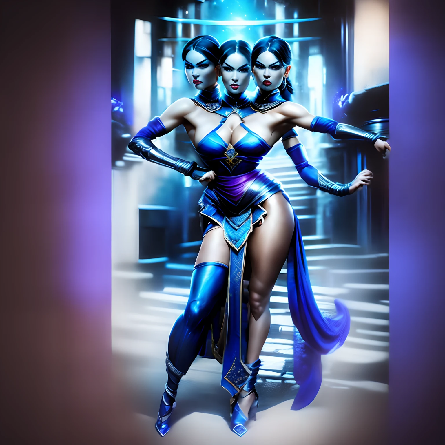 ((2heads)), kitana from mortal kombat,full body, defensive pose, sexy, background from mortal kombat temple,realistic, conjoined, photohraphy