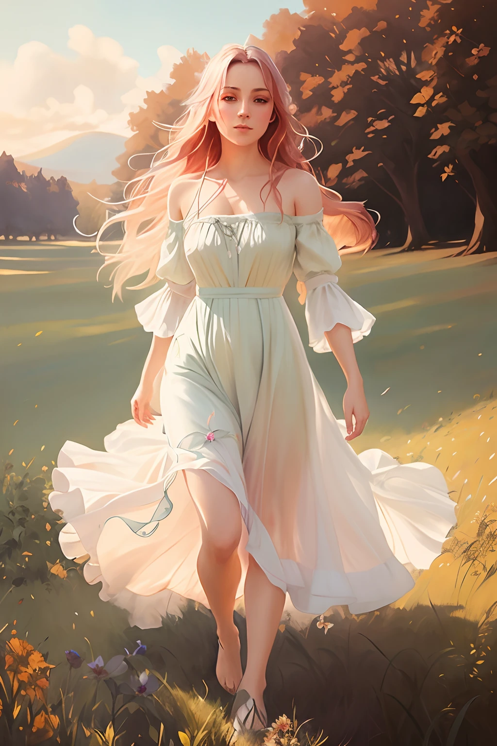 pintura de uma mulher em um vestido branco andando por um campo, arte de fantasia hiperrealista, donzela bonita, inspirado em Cynthia Sheppard, bela arte de fantasia, pintura de personagem bonita, lindo pintura digital, pintura de fantasia realista, Wlop Jeremy Lipkin, Flowing dress, Neoartcore e Charlie Bowater, WLOP e RHADS, bela arte conceitual de corpo inteiro