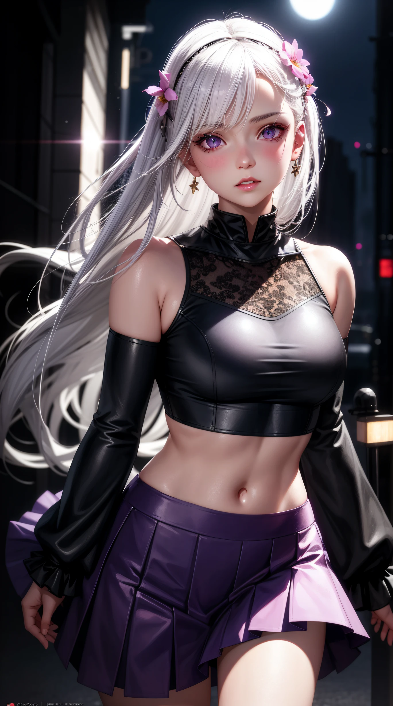 realistic, 1girl, white hair, purple eyes, glowing eyes, crop top, skirt, parted lips, blush, night, flowers, sun, sunlight, gray background.