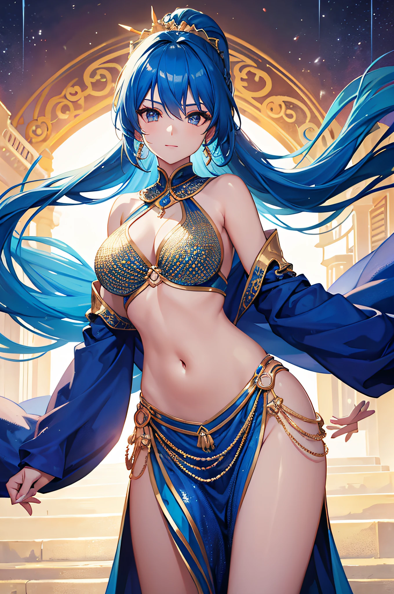 4K,hight resolution,One Woman,Bright blue hair,Long ponytail,Arab queen,Arab dancer dresses,jeweled costume,Navel Ejection,with a pure white background