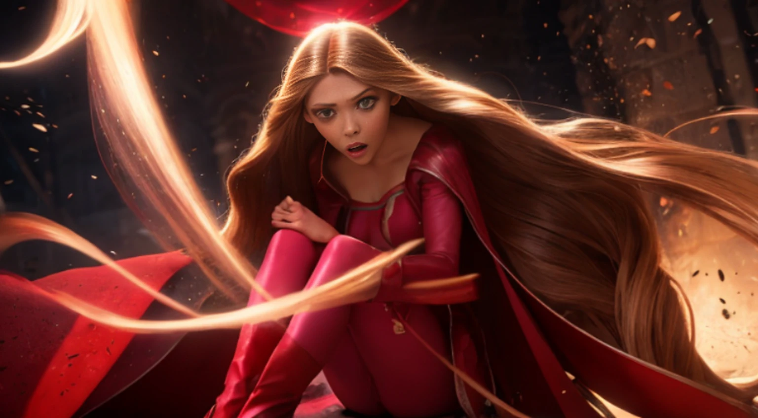 Elizabeth Olsen is Marvel's Scarlet Witch, fisiculturista, super forte, musculoso, com abdominais, vestindo uma malha vermelha sem mangas, pink tights, Red boots and opera gloves, a red cape with a bow around his neck and a helmet framing his face, with the backdrop of a chaotic hell, Lente de 35 mm, fotografia, ultra detalhe, HDR, UHD,8k