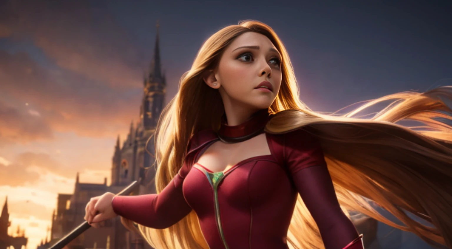 Elizabeth Olsen is Marvel's Scarlet Witch, fisiculturista, super forte, musculoso, com abdominais, vestindo uma malha vermelha sem mangas, pink tights, Red boots and opera gloves, a red cape with a bow around his neck and a helmet framing his face, with the backdrop of a chaotic hell, Lente de 35 mm, fotografia, ultra detalhe, HDR, UHD,8k