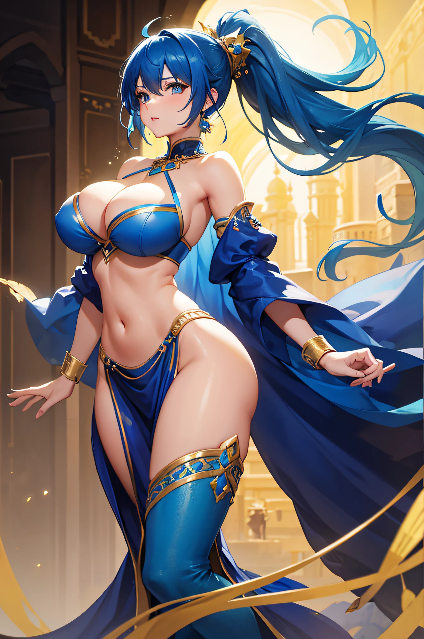 4K,hight resolution,One Woman,Bright blue hair,Long ponytail,huge tit,Arabic dancer dresses,Golden Bra,jeweled costume,Navel Ejection,with a pure white background