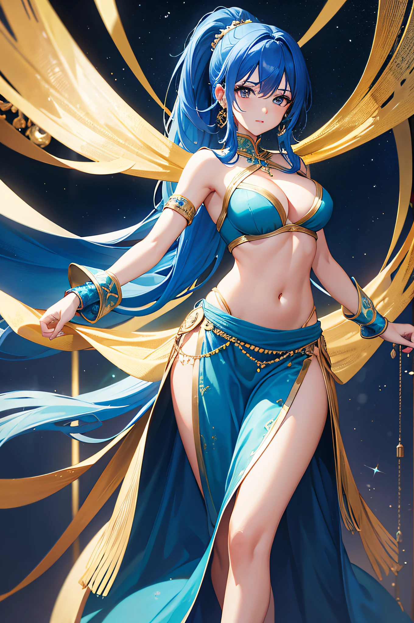 4K,hight resolution,One Woman,Bright blue hair,Long ponytail,Arab dancer dresses,Golden Bra,Blue dress,jeweled costume,Navel Ejection,Blank white background with nothing