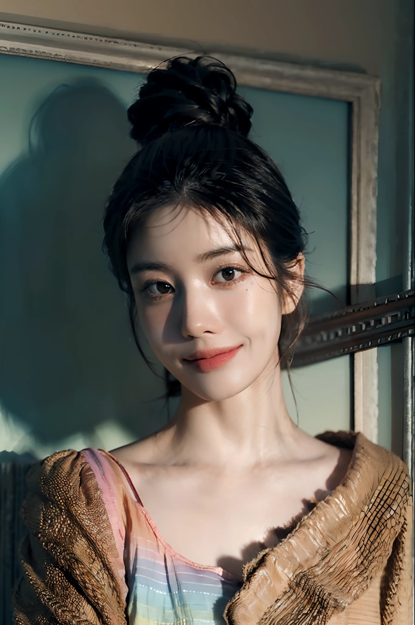 (ultra realisic), (Resolution Enhancement), (8K), (Extremely detailed), (beautiful-detailed eyes), (Best Quality), (The ultra-detailliert), (Masterpiece ), ( wall paper), (Detailed face), Wavy hair,(hi-top fade:1.3), (Smiling broadly, bright look), dark theme, soothing tones, muted colors, High contrast, (Natural skin texture, hyperrealism, Soft light, edgy),exposure blend, medium shot, (HDR:1.4), High contrast, (films, teal and orange:0.85), (muted colors, faded colors, soothing tones:1.3), Low saturation, (hyperdetailed:1.2).