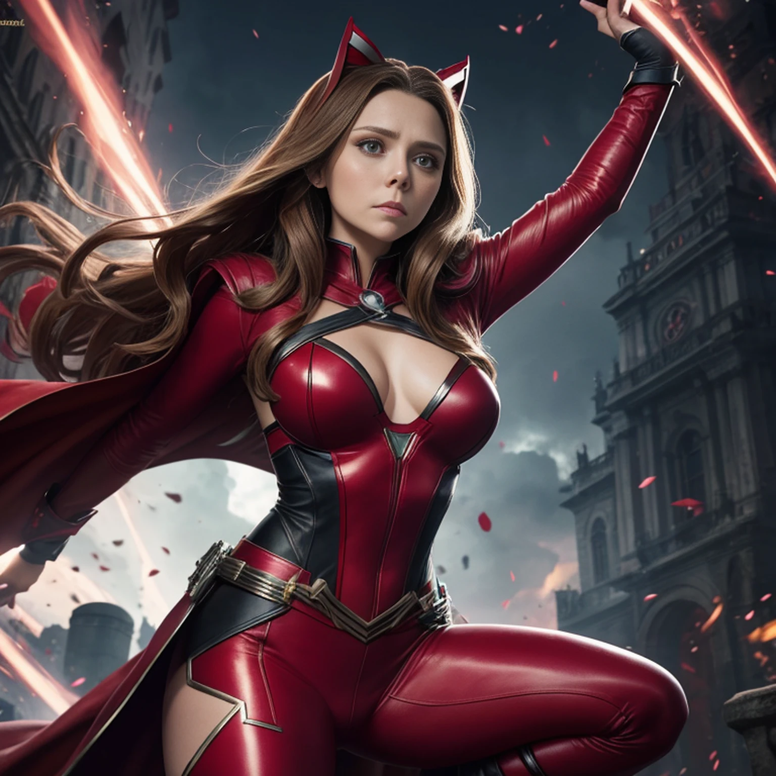 Elizabeth Olsen is Marvel's Scarlet Witch, fisiculturista, super forte, musculoso, com abdominais, vestindo uma malha vermelha sem mangas, pink tights, Red boots and opera gloves, a red cape with a bow around his neck and a helmet framing his face, with the backdrop of a chaotic hell, Lente de 35 mm, fotografia, ultra detalhe, HDR, UHD,8k