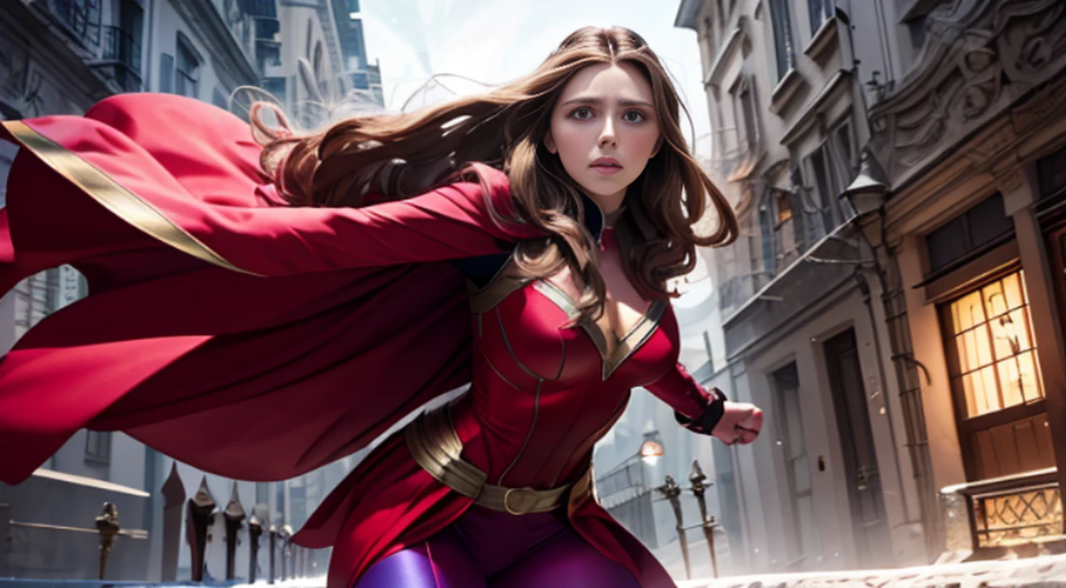 Elizabeth Olsen is Marvel's Scarlet Witch, fisiculturista, super forte, musculoso, com abdominais, vestindo uma malha vermelha sem mangas, pink tights, Red boots and opera gloves, a red cape with a bow around his neck and a helmet framing his face, with the backdrop of a chaotic hell, Lente de 35 mm, fotografia, ultra detalhe, HDR, UHD,8k