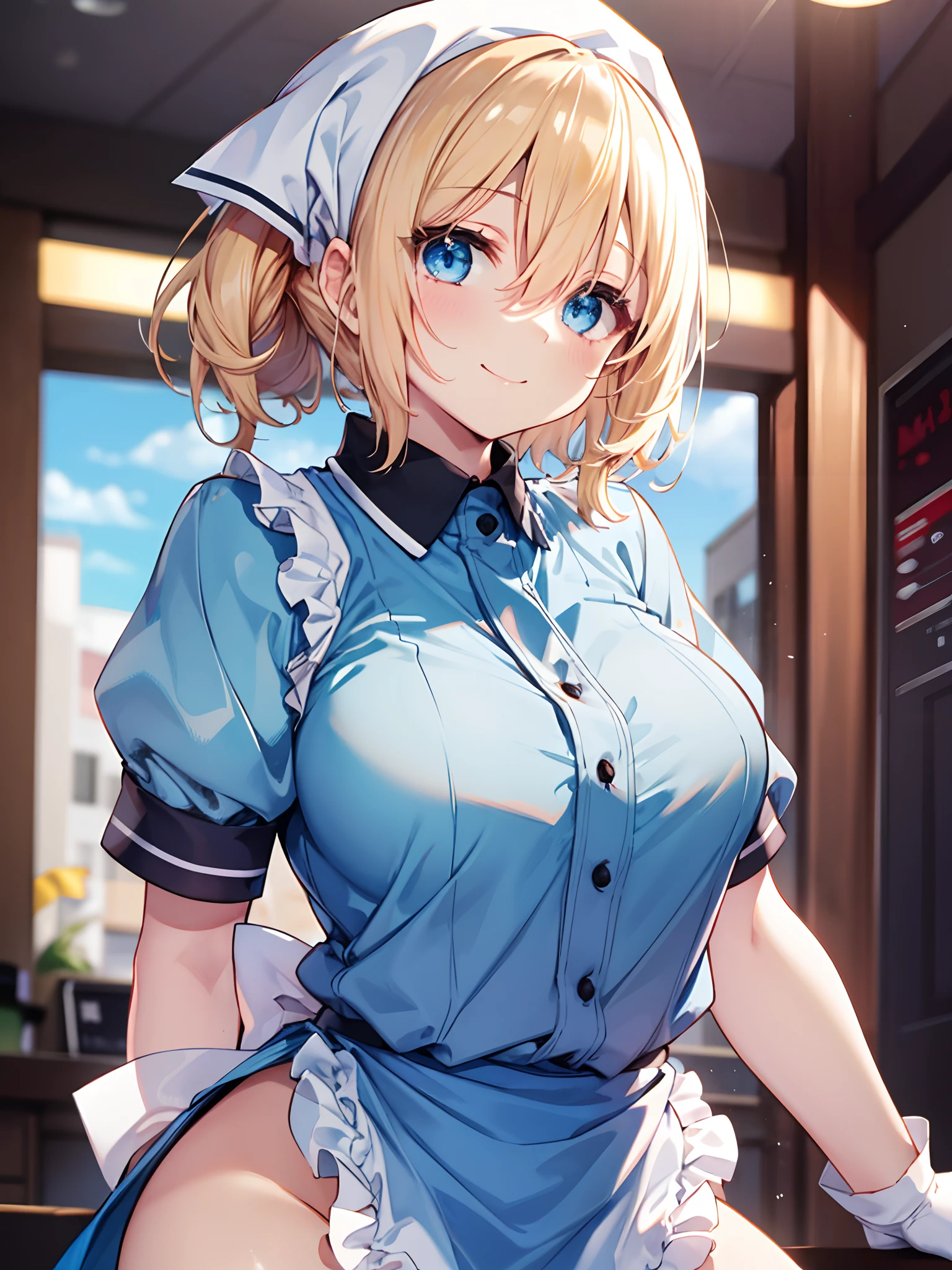 1girl in, (Chiquita:1.2), Kaho Hinata, Twin-tailed, head scarf, waitress, frilld, Blue shirt, waist apron, puffy short sleeves, blueskirt, thighs thighs thighs thighs, white glove, 

(Close Shot, Best Quality, hight resolution, 4K, Detailed Lighting, Shaders, NSFW), 

Smiling,