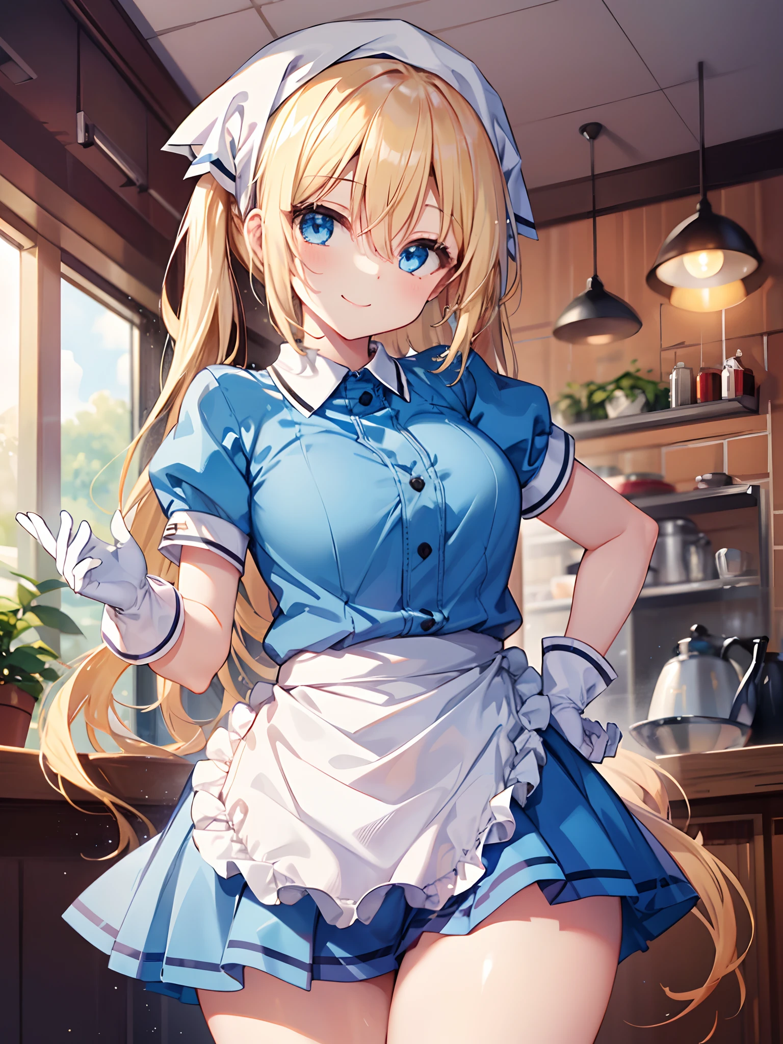 1girl in, (Chiquita:1.2), Kaho Hinata, Twin-tailed, head scarf, waitress, frilld, Blue shirt, waist apron, puffy short sleeves, blueskirt, thighs thighs thighs thighs, white glove, 

(Close Shot, Best Quality, hight resolution, 4K, Detailed Lighting, Shaders, NSFW), 

Smiling,