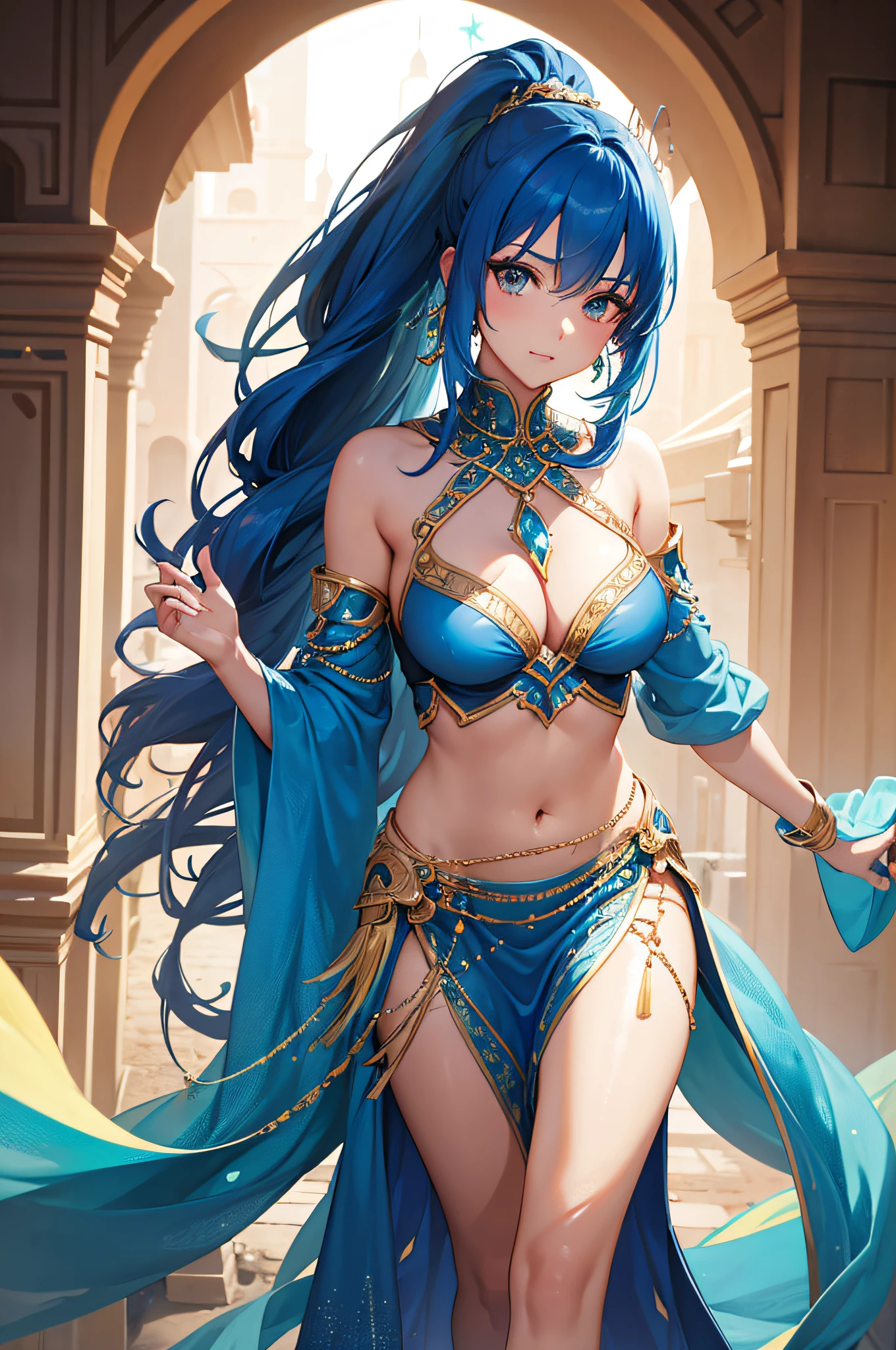 4K,hight resolution,One Woman,Bright blue hair,Long ponytail,Slightly bigger,Arab princess,Arabic dancer dresses,jeweled costume,Navel Ejection,Nothing background