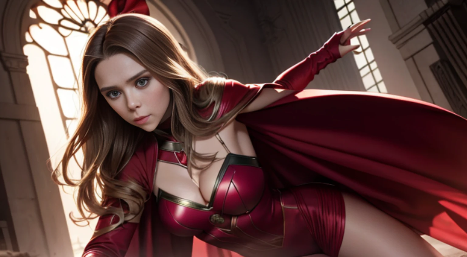 Elizabeth Olsen is Marvel's Scarlet Witch, fisiculturista, super forte, musculoso, com abdominais, vestindo uma malha vermelha sem mangas, pink tights, Red boots and opera gloves, a red cape with a bow around his neck and a helmet framing his face, with the backdrop of a chaotic hell, Lente de 35 mm, fotografia, ultra detalhe, HDR, UHD,8k