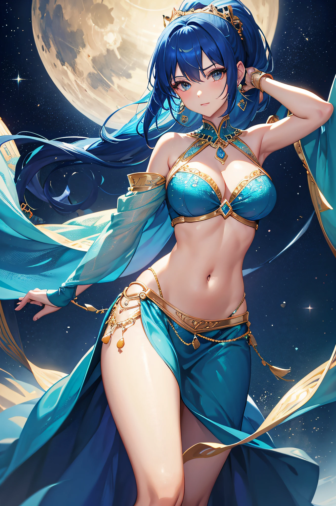 4K,hight resolution,One Woman,Bright blue hair,Long ponytail,Slightly bigger,Arab princess,Arabic dancer dresses,jeweled costume,Navel Ejection,Nothing background