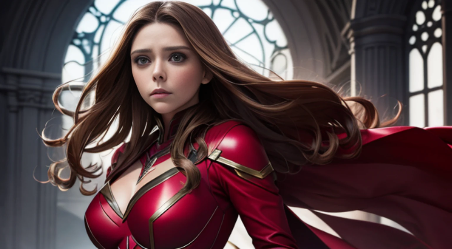 Elizabeth Olsen is Marvel's Scarlet Witch, fisiculturista, super forte, musculoso, com abdominais, vestindo uma malha vermelha sem mangas, pink tights, Red boots and opera gloves, a red cape with a bow around his neck and a helmet framing his face, with the backdrop of a chaotic hell, Lente de 35 mm, fotografia, ultra detalhe, HDR, UHD,8k