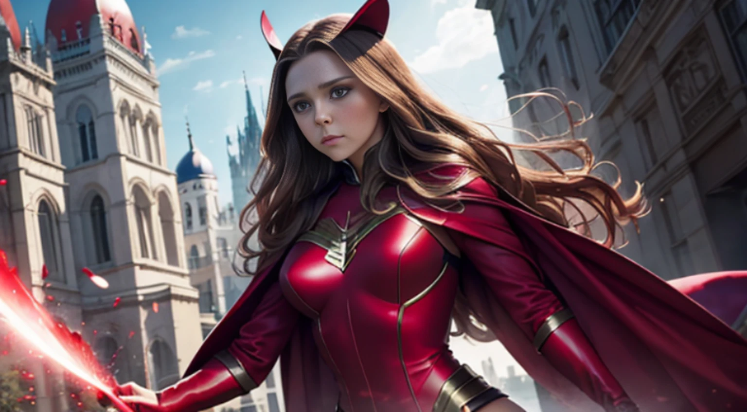 Elizabeth Olsen is Marvel's Scarlet Witch, fisiculturista, super forte, musculoso, com abdominais, vestindo uma malha vermelha sem mangas, pink tights, Red boots and opera gloves, a red cape with a bow around his neck and a helmet framing his face, with the backdrop of a chaotic hell, Lente de 35 mm, fotografia, ultra detalhe, HDR, UHD,8k