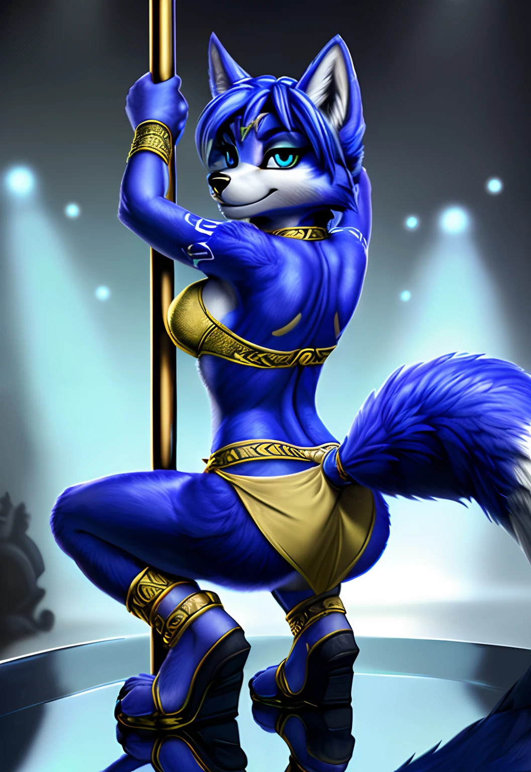 [Krystal_(starfox)], [Uploaded to e621.net; (Pixelsketcher), (foxovh), (fluffkevlar], ((masterpiece)), ((solo portrait)), ((back view)), ((feet visible)), ((furry; anthro fox)), ((detailed fur)), ((reflective lighting)), ((intricate details)), ((detailed shading)), ((beautiful render art)), {anthro; blue fur, black nose, (white body markings), short blue hair, beautiful eyes, (seductive gaze), (seductive smirk)}, {(tribal outfit), (gold strapless bra), (gold anklets), (gold bracers), (white loin cloth), (midriff), (gorgeous hips), (toeless shoes), (beautiful legs)}, {(squatting), (pole dancing:1.2), (looking at viewer)}, [background; (club), (stage), (neon lights), (dark lighting)]