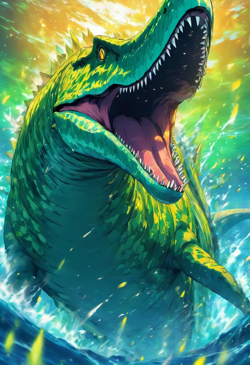 Mosasaurus, vivid venomous yellow-green and dripping with yellow acid, hunting in the ocean depths, Acid Splash, masterpiece, best quality
