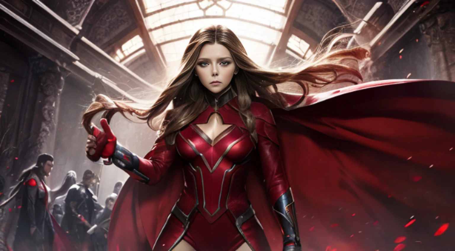 Elizabeth Olsen is Marvel's Scarlet Witch, fisiculturista, super forte, musculoso, com abdominais, vestindo uma malha vermelha sem mangas, pink tights, Red boots and opera gloves, a red cape with a bow around his neck and a helmet framing his face, with the backdrop of a chaotic hell, Lente de 35 mm, fotografia, ultra detalhe, HDR, UHD,8k