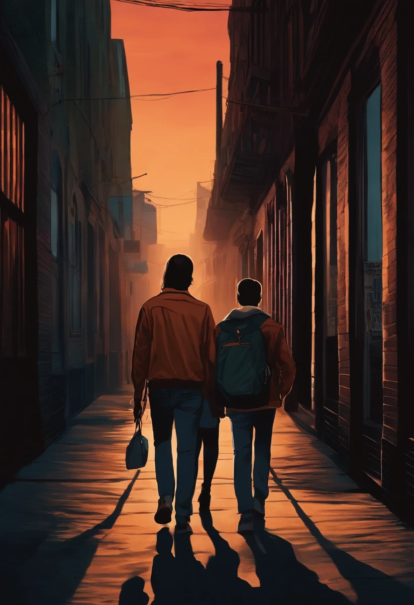 A teenage girl in the middle while 1 tall boy and 1 slightly taller boy are walking away beside each other in the darkness with their backs facing me