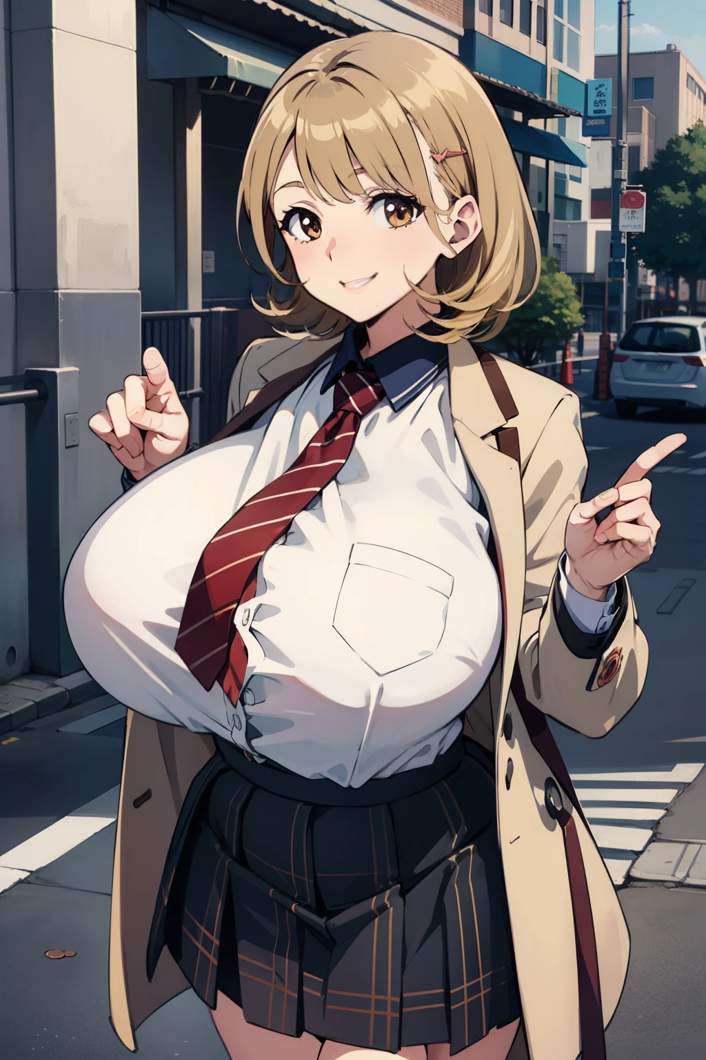 Anime style, Narusawaryōka, Best Quality, High resolution, 1 Waman, maturefemale, A MILF, Curve, Happy smile, (huge-breasted:1.2), Red tie, plaid skirts, Outdoors, city