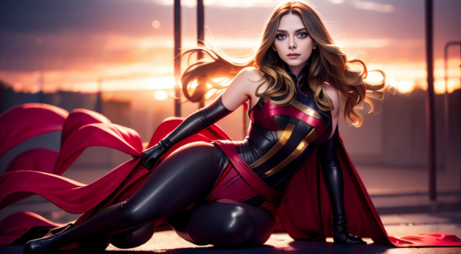 Elizabeth Olsen is Marvel's Scarlet Witch, fisiculturista, super forte, musculoso, com abdominais, vestindo uma malha vermelha sem mangas, pink tights, Red boots and opera gloves, a red cape with a bow around his neck and a helmet framing his face, with the backdrop of a chaotic hell, Lente de 35 mm, fotografia, ultra detalhe, HDR, UHD,8k