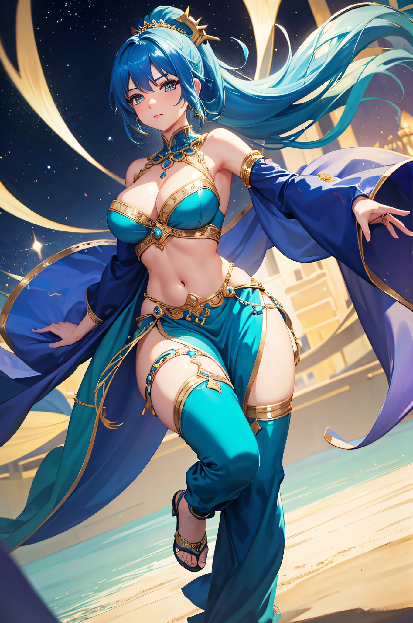 4K,hight resolution,One Woman,Bright blue hair,Long ponytail,Kinda big,Arab princess,Arabic dancer dresses,jeweled costume,Navel Ejection,Nothing background