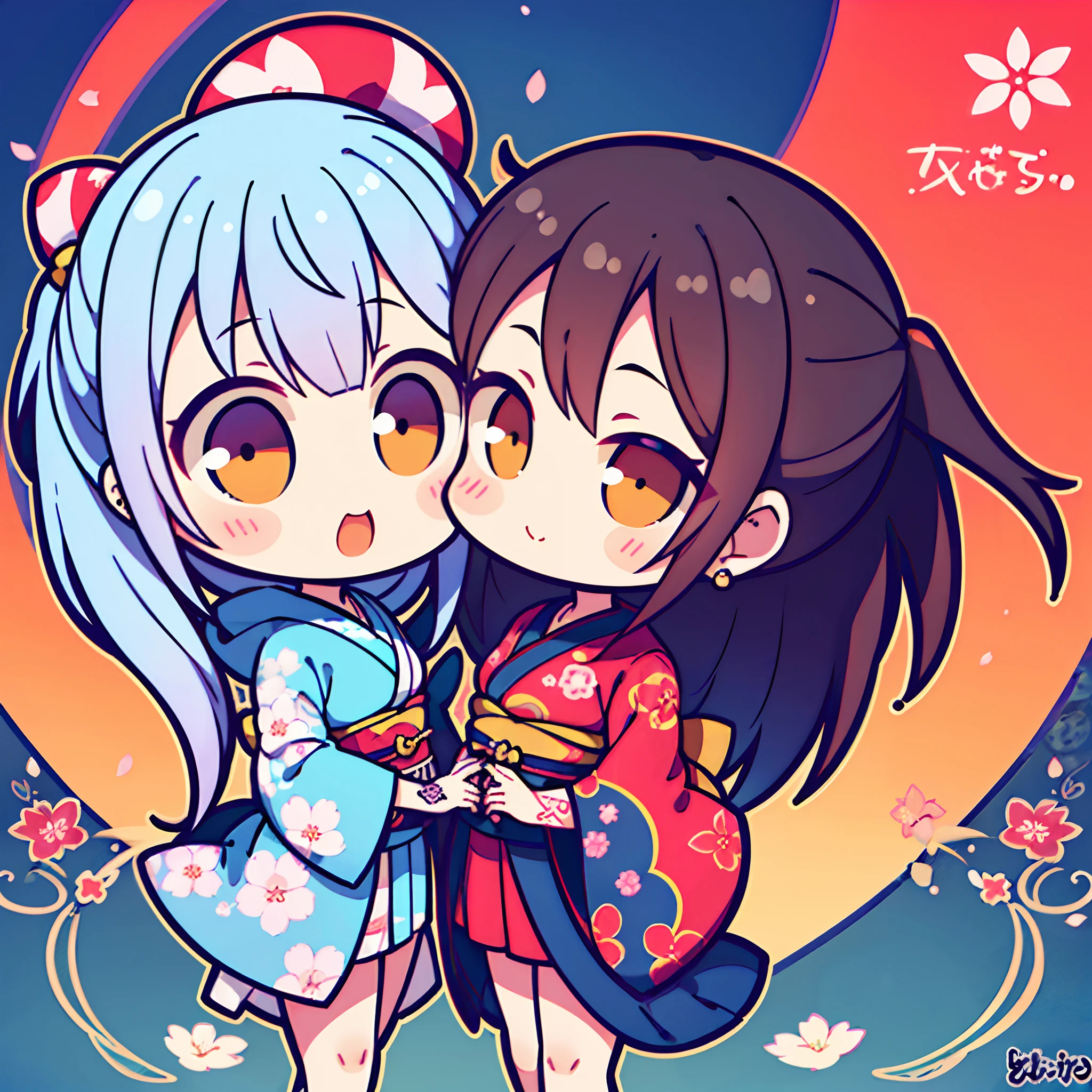 (2 girls) The cutest chibi kabuki girls, wearing highly detailed kimonos, tattoos and piercings, finely detailed graffiti background, cherry blossoms blowing in the wind, perfect masterpiece, high quality, high resolution