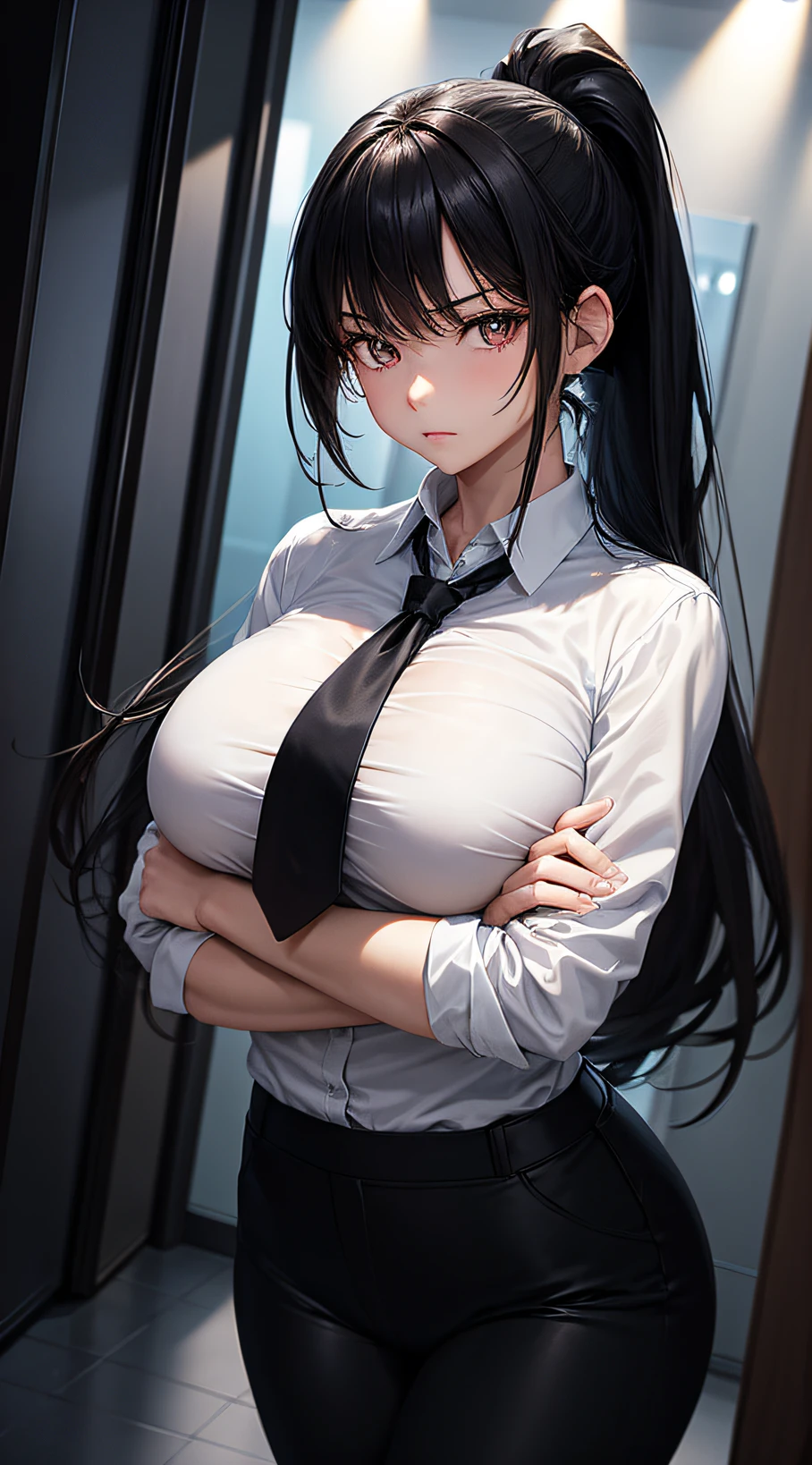 solo, 1girl, expressionless, crossed arms, long black hair, ponytail, sidelocks, gray eyes, glowing eyes, bright pupils, black suit, big chest, big breasts, white collared shirt, necktie, black pants, office space, office interior, light shaft, light rays, cowboy shot