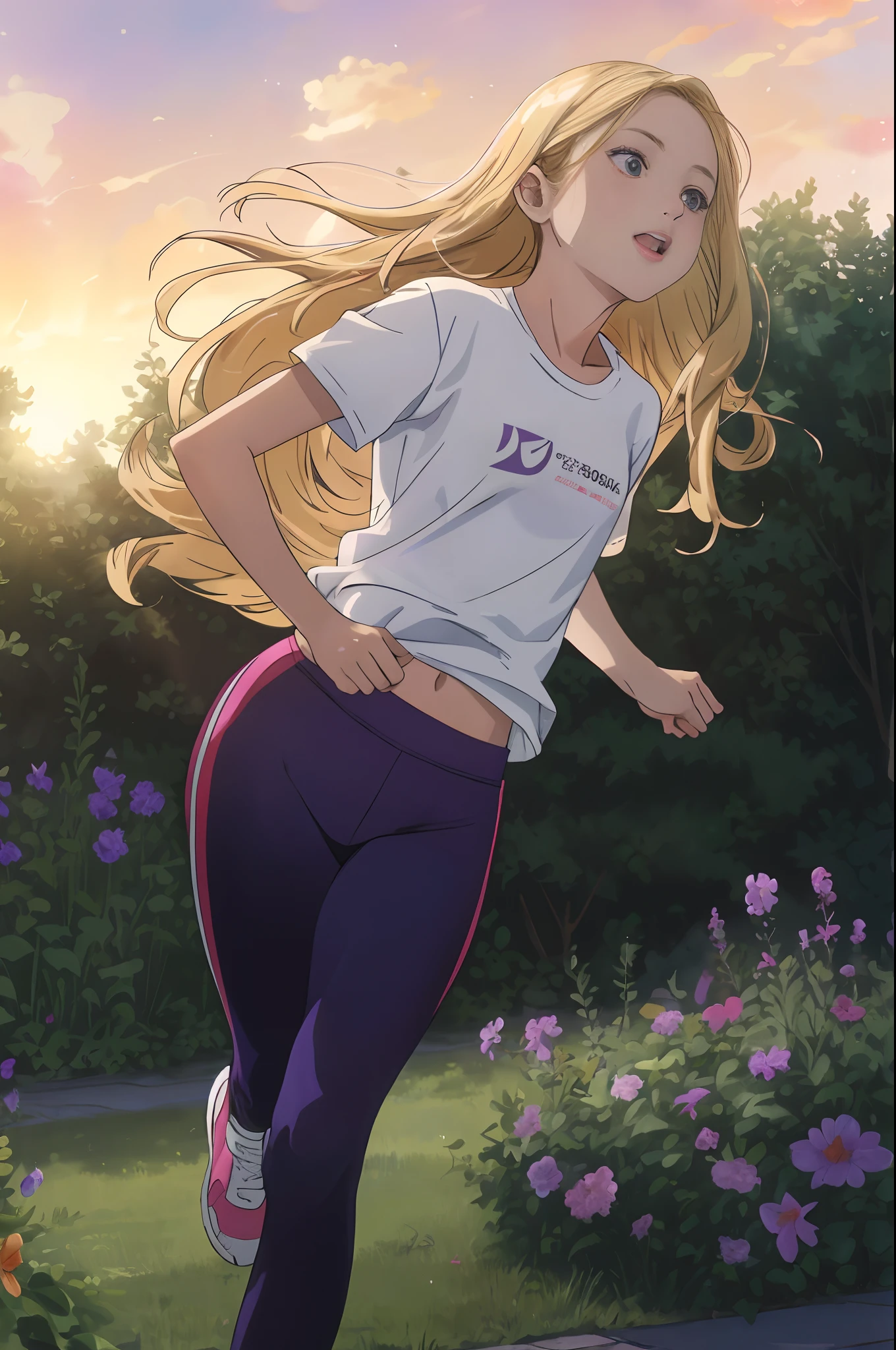 ((European pre-teen)), horny girl, white t-shirt, purple gym leggings, running shoes, close-up from thighs to face, shot from below, very light skin, very long hair, wavy hair, blonde hair, garden , sunrise, photorealistic, indirect lighting, volumetric light, ray tracing, hyper-detailed, best quality, ultra-high resolution, HDR, 8k
