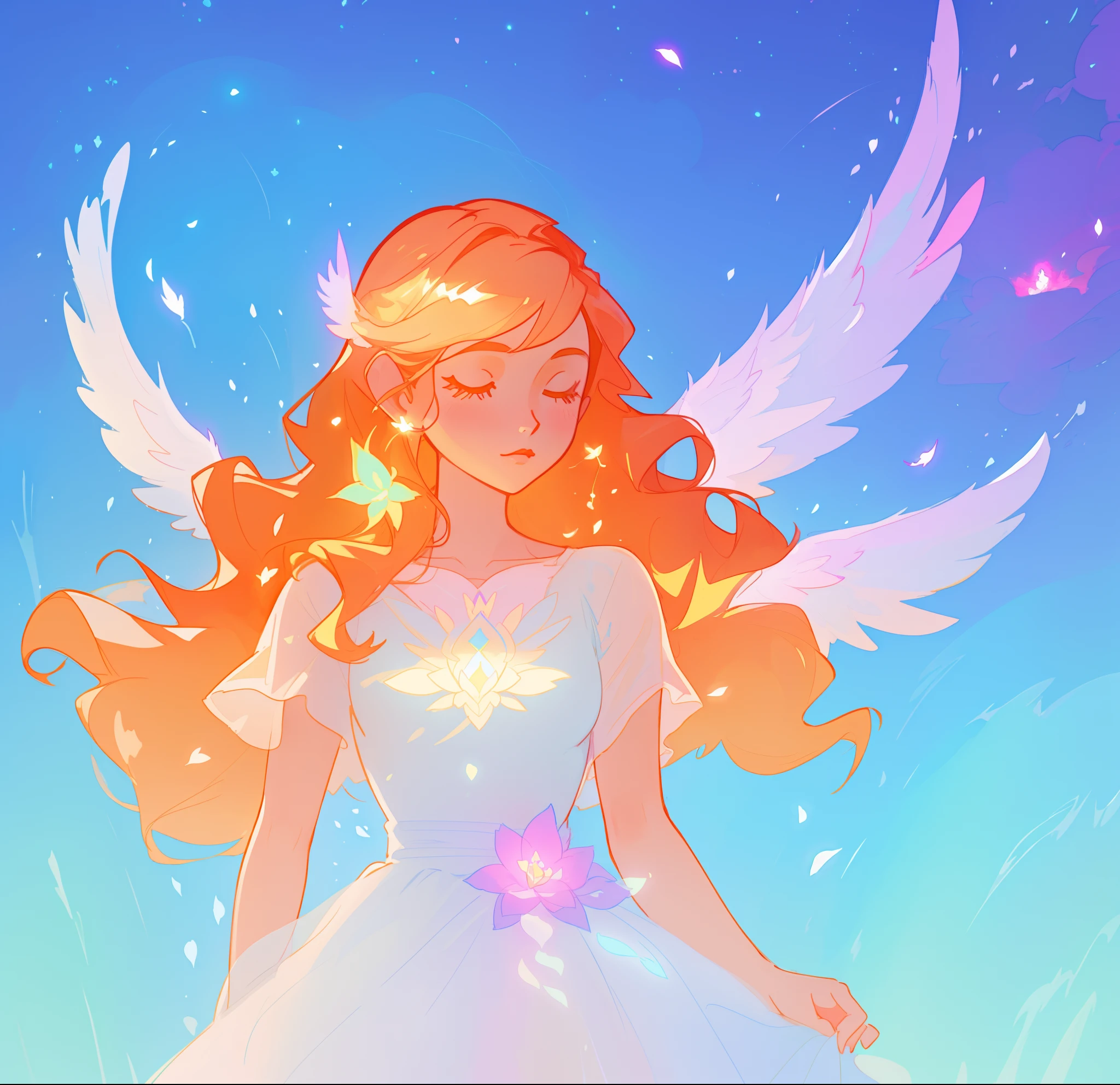 beautiful girl in flowing white dress, (glowing angel wings), glowing flowing ballgown, long wavy hair, sparkling angel wings, watercolor illustration, flowers and colorful plants, inspired by Glen Keane, inspired by Lois van Baarle, disney art style, by Lois van Baarle, glowing aura around her, by Glen Keane, jen bartel, glowing lights! digital painting, flowing glowing hair, glowing flowing hair, beautiful digital illustration, fantasia otherworldly landscape plants flowers, beautiful, masterpiece, best quality, anime disney style