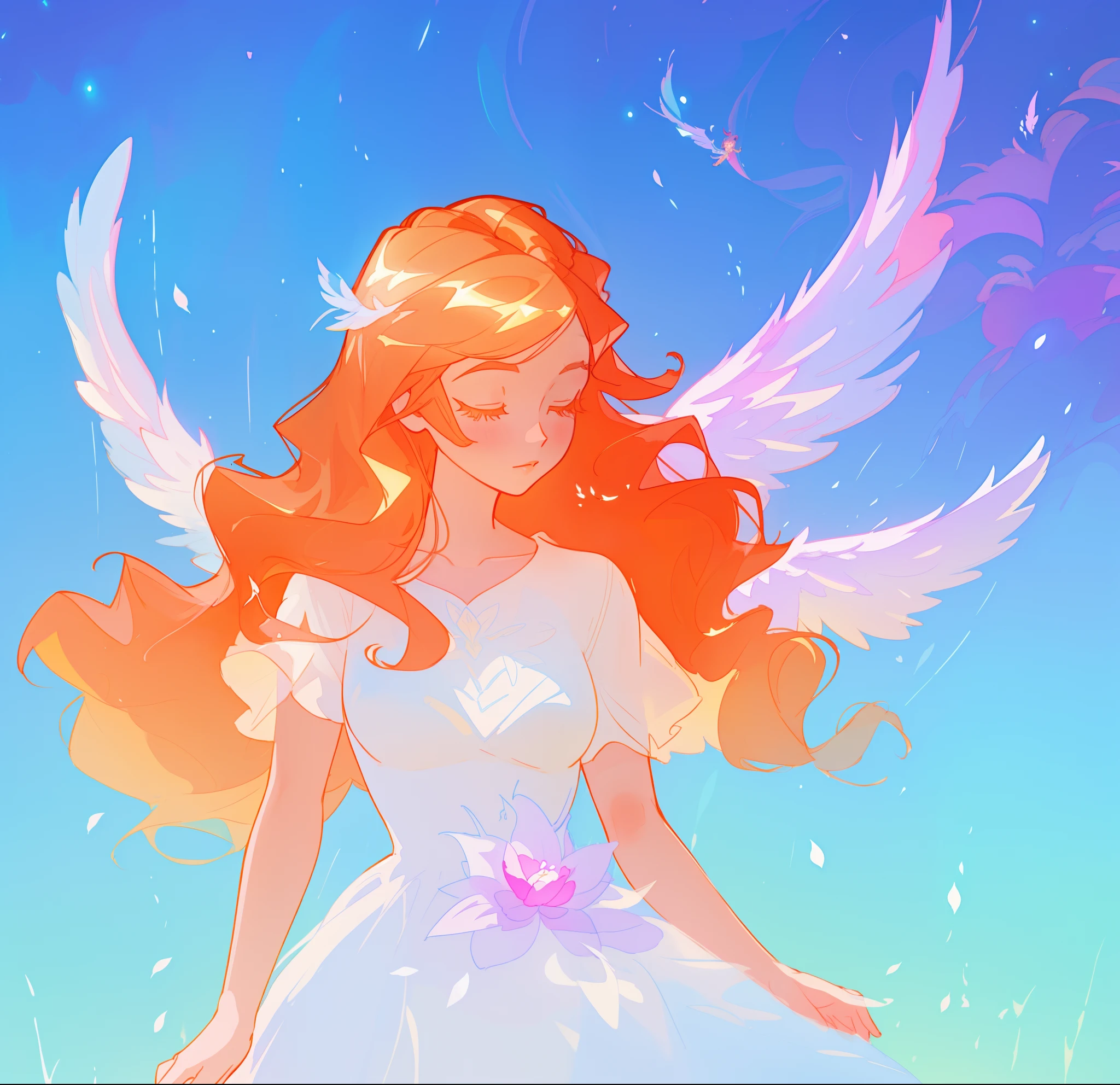 beautiful girl in flowing white dress, (glowing angel wings), glowing flowing ballgown, long wavy hair, sparkling angel wings, watercolor illustration, flowers and colorful plants, inspired by Glen Keane, inspired by Lois van Baarle, disney art style, by Lois van Baarle, glowing aura around her, by Glen Keane, jen bartel, glowing lights! digital painting, flowing glowing hair, glowing flowing hair, beautiful digital illustration, fantasia otherworldly landscape plants flowers, beautiful, masterpiece, best quality, anime disney style