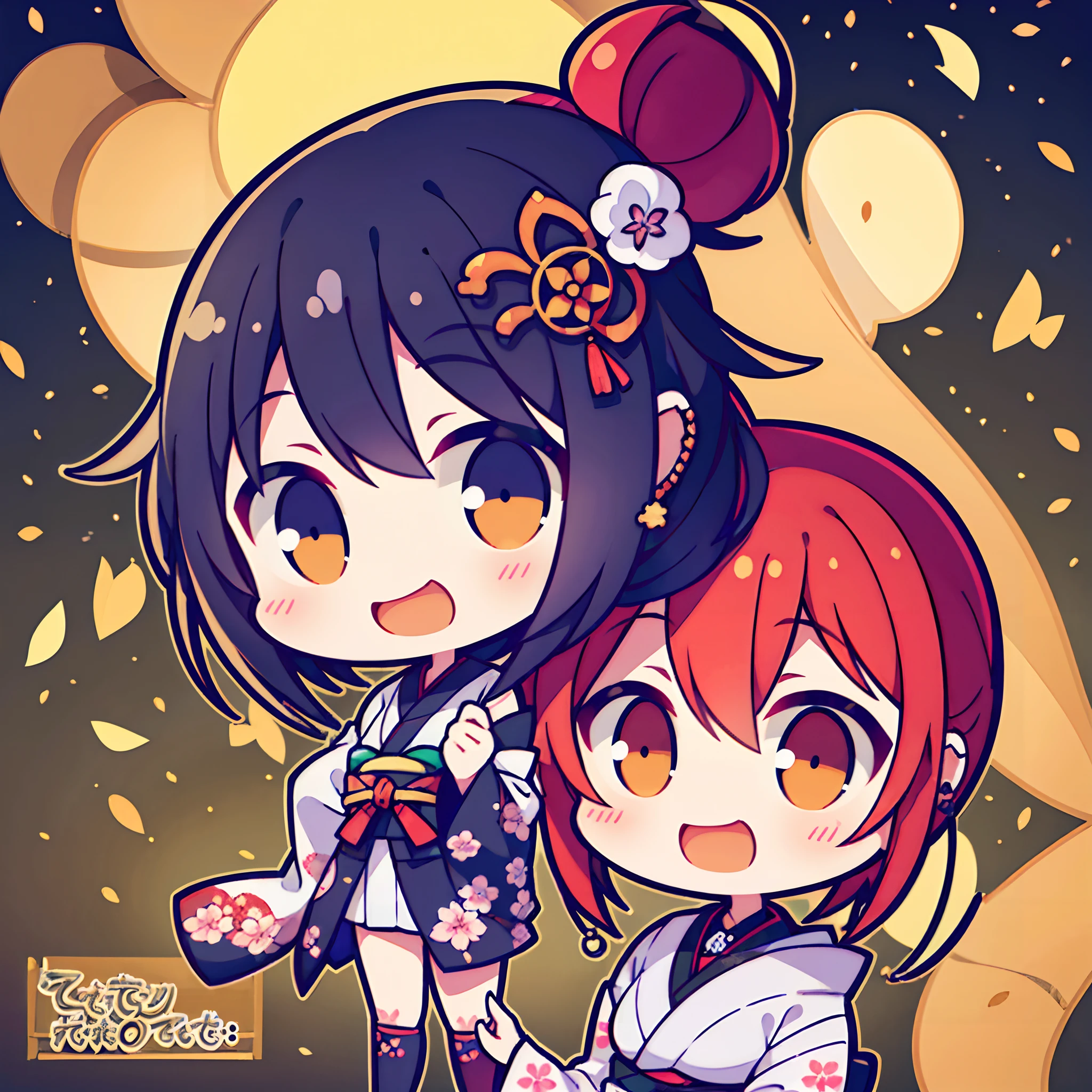 (2 girls) The cutest chibi kabuki girls, wearing highly detailed kimonos, tattoos and piercings, finely detailed graffiti background, cherry blossoms blowing in the wind, perfect masterpiece, high quality, high resolution