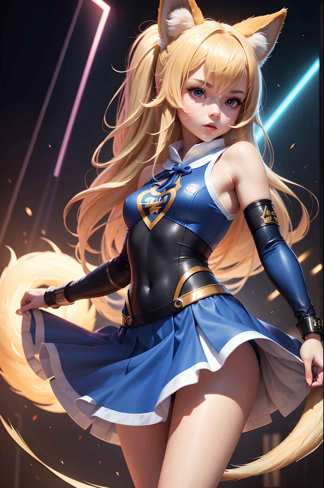 Super Resolution, (Realism: 1.3), 1 (Slim: 1.2) Girl, Solo, Looking at the Audience, League of Legends, Beaver, KDA Beaver, Blonde Hair, Fox Ears, Fox Tail, Clothes Wrapped Top, Blue Long and Short Skirt, White Long Skirt, Laser Sense, Super Perfect Face, ...