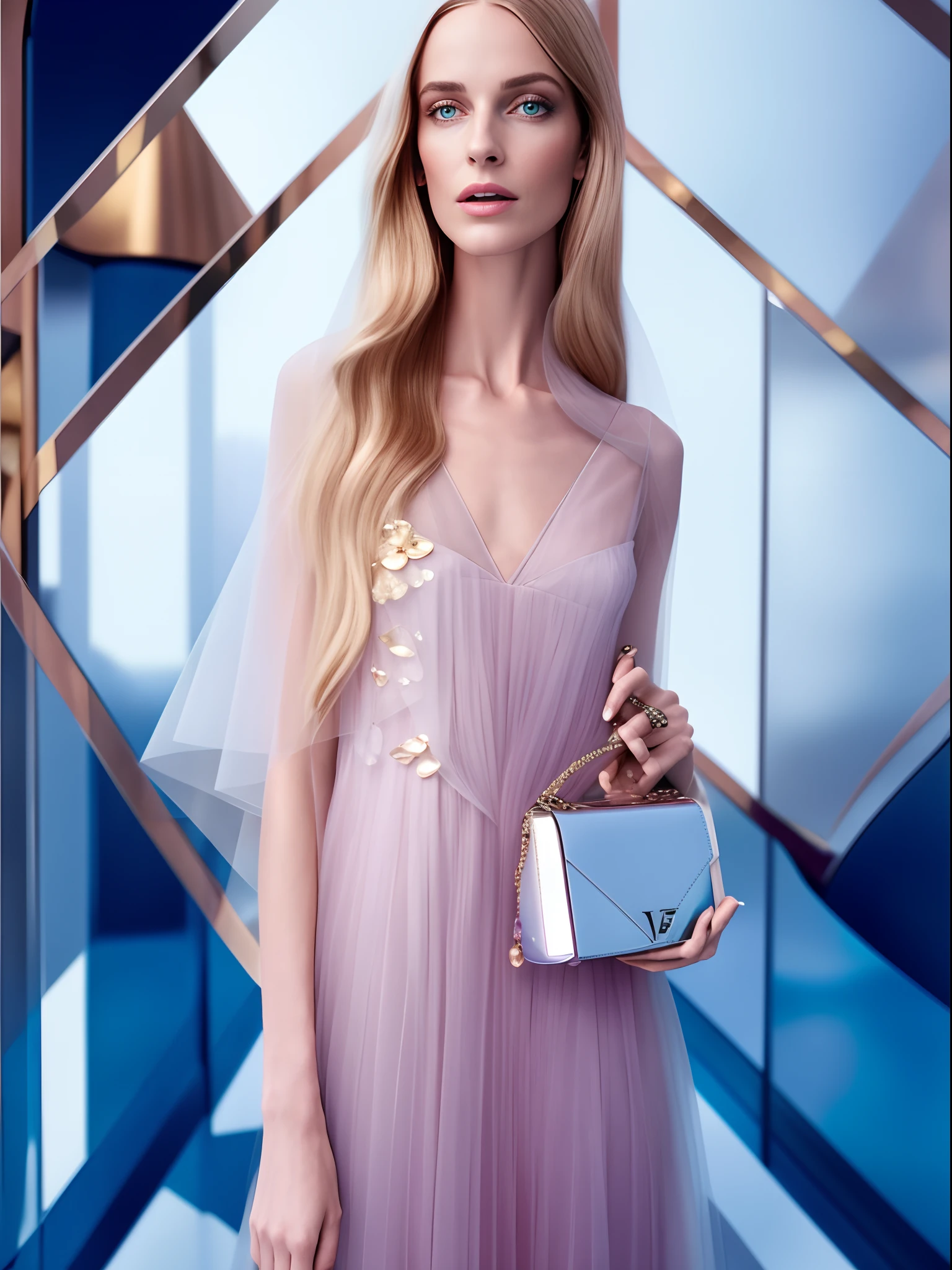 mulher loira arafed em um vestido segurando uma bolsa e posando, Editorial Oficial da Vuitton, futuristic and ethereal, Detalhamento sutil, segurando um saco de ouro, incredibly ethereal, Campanha Dior, very ethereal, detalhes sutis, Directed by: Julia Pishtar, Directed by: Emma Andijewska, Directed by: Adam Saks, Detalhes requintados, campanha de beleza, carregando um frasco de perfume