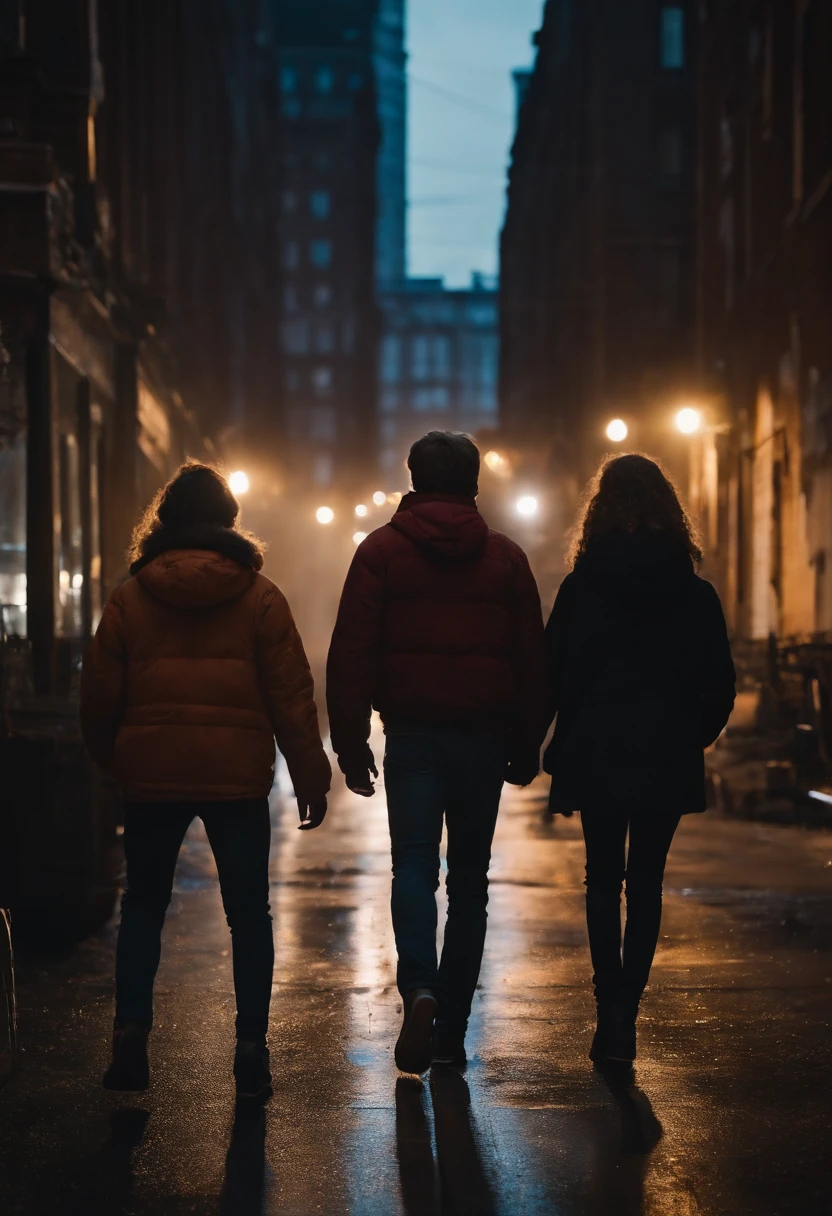 A average height teenage girl in the middle while 1 quite tall boy and 1 slightly taller boy are walking away in the darkness with their backs facing me