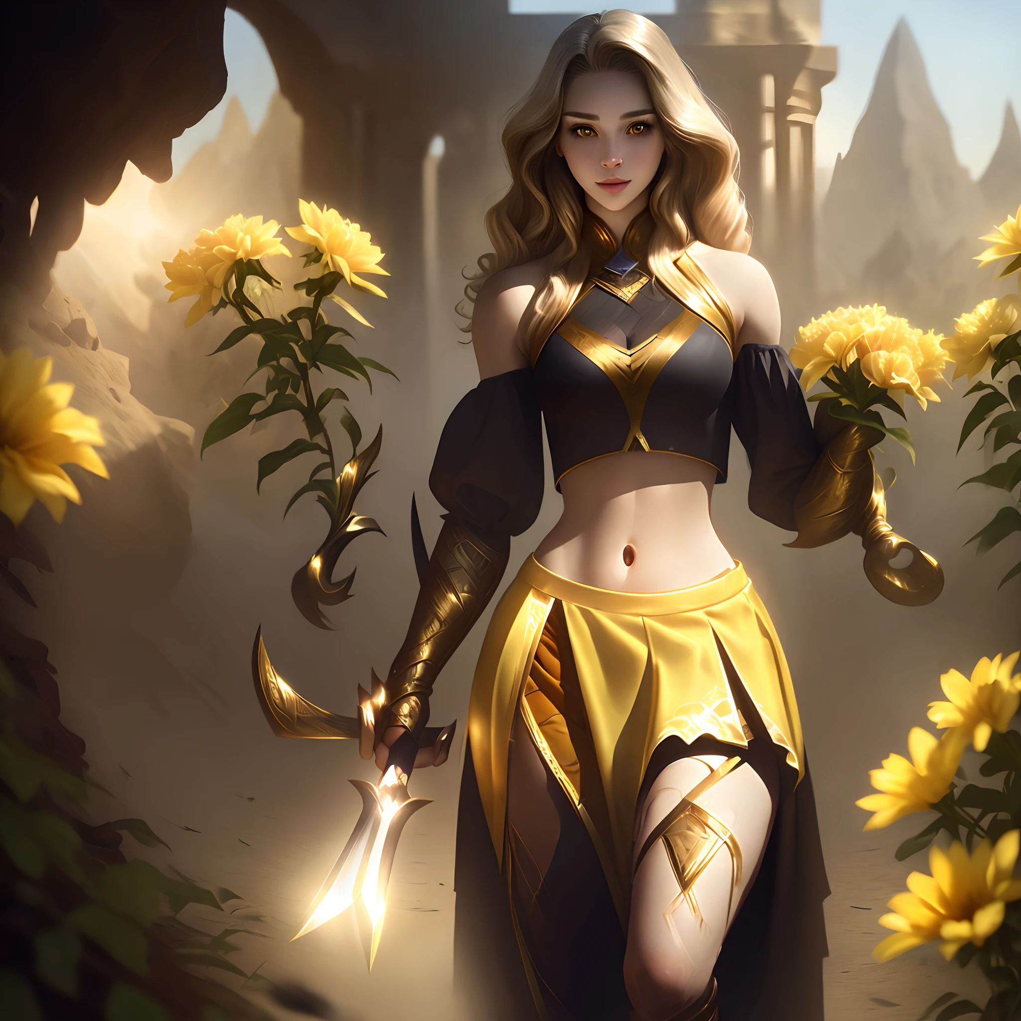 Light skin, girl, realistic, crop top with design, skirt, long curly hair, yellow gold eyes, soft smile, shaped body, next flowers, dead eyes, sword