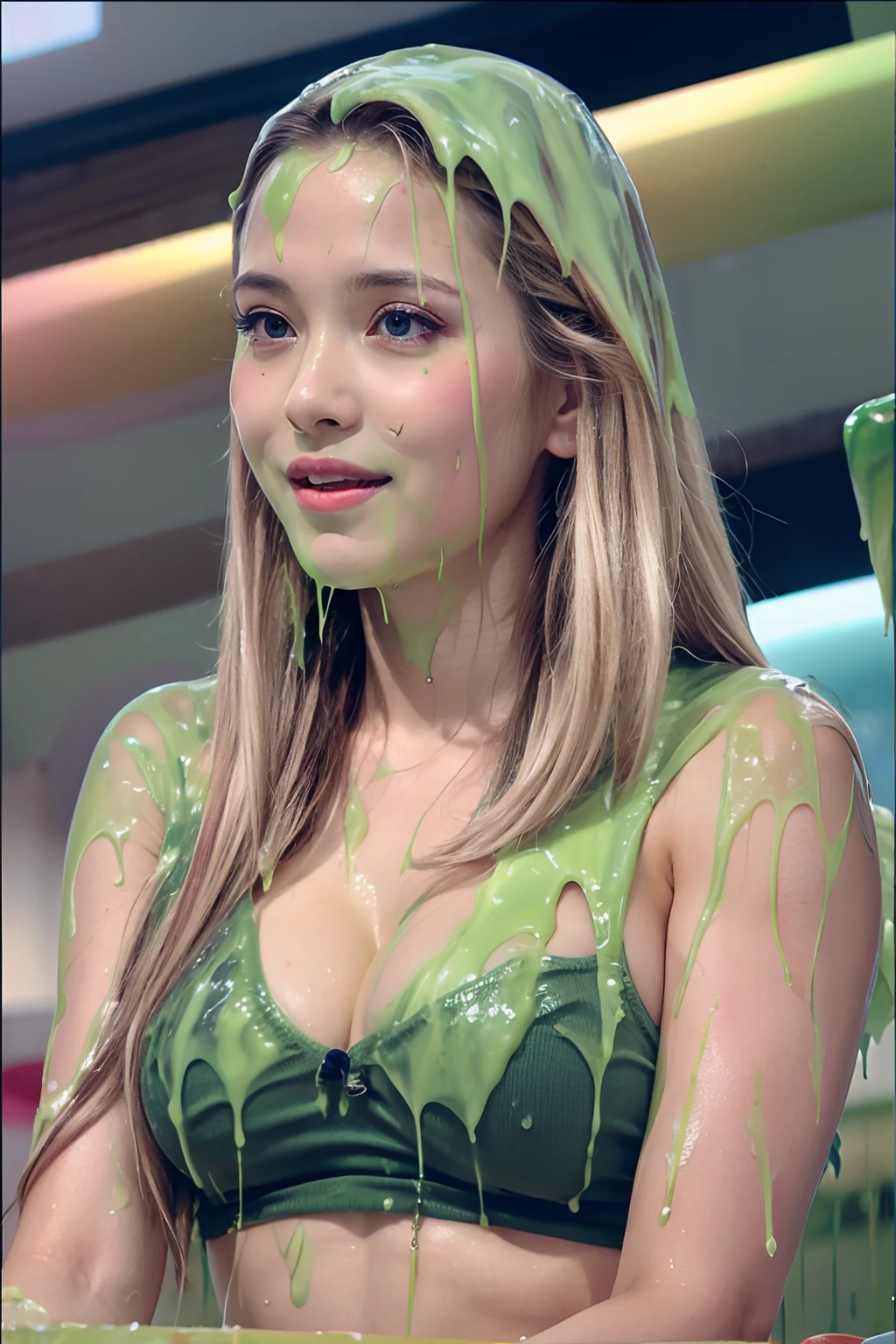 (raw photo:1.2), (photorealistic:1.4), beautiful detailed woman, very detailed eyes and face, beautiful detailed eyes, ridiculous, incredibly ridiculous, huge file size, super detailed, high resolution, very detailed, best quality, masterpiece, very detailed, CG, unified, 8k wallpaper, amazing, Fine details, masterpiece, best quality, very detailed CG uniform 8k wallpaper, light on face, cinematic lighting, (slime, dripping: 1.3), (covered in slime: 1.5), tank top, (cleavage: 1.6), (Caucasian woman, blonde hair, pigtails: 1.9), (slime dripping on hair: 1.4), (tan skin: 1.2)