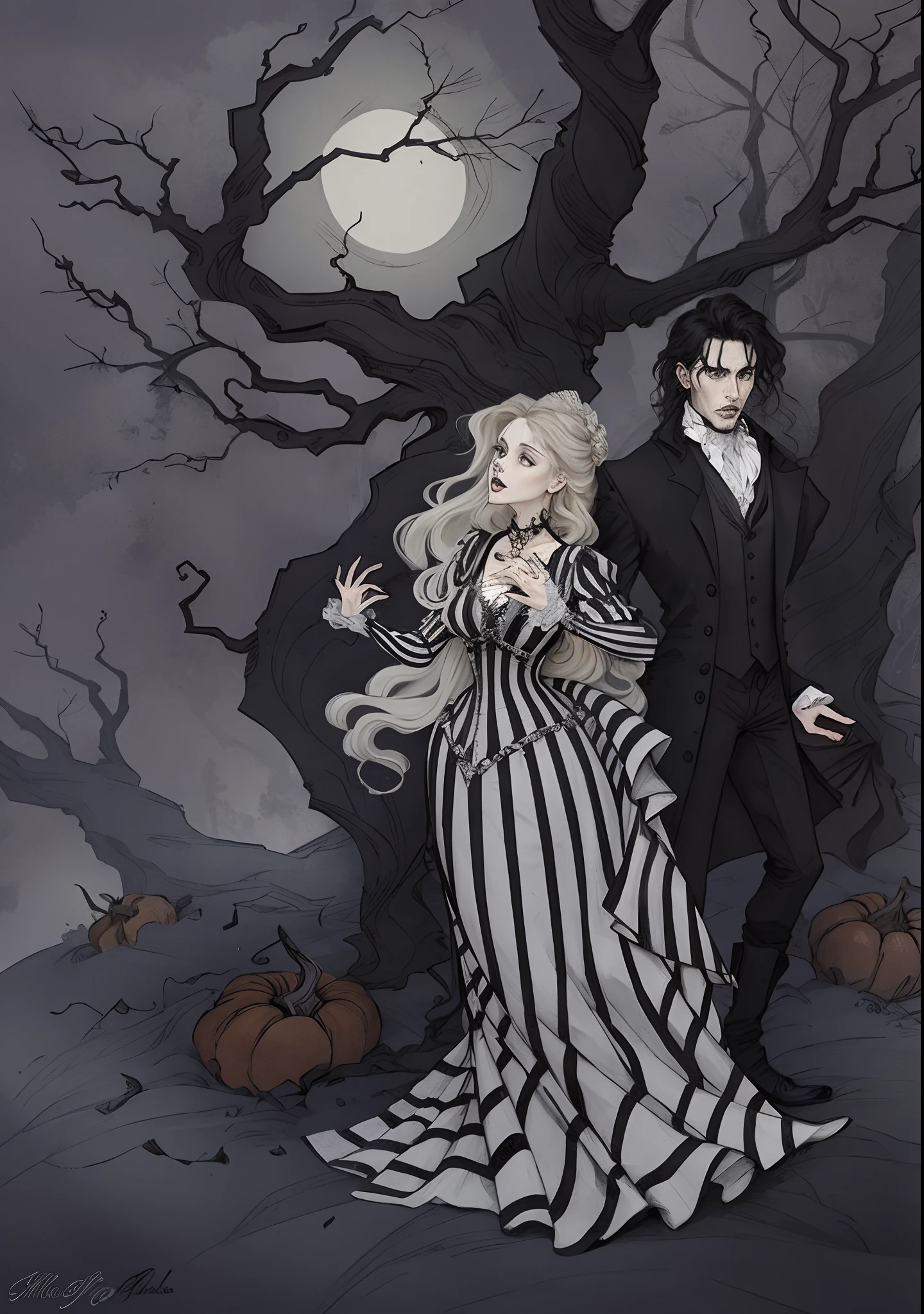 arafed image of a couple dressed in gothic costumes standing in front of a tree, tim burton comic book art, abigail larson, in style of tim burton, tim burton style, elegant horror artwork, victorian vampire, victorian gothic, tim burton's style, elegant victorian vampire, by Caroline Chariot-Dayez, halloween art style, fan art, victorian goth, Johnny depp, Christina Ricci