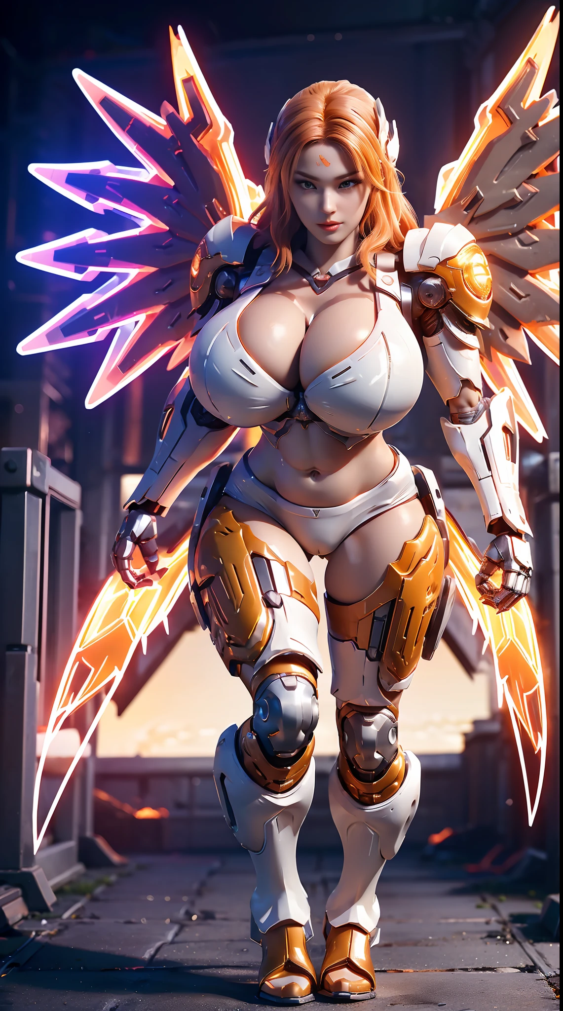 HUGE FAKE BOOBS, (BEAUTIFUL FACE, (ORANGE:1.2, WHITE:0.8, RGB:1), (CROP TOP MECHA ARMORED GEAR), (((A PAIR OF HUGE MECHANICAL WINGS SPREAD OUT))), FUTURISTIC DRAGON MECHA SUIT, (CLEAVAGE), (SKINTIGHT YOGA PANTS), (PERFECT BODY:1.2), (FULL BODY VIEW), FRONT, (STANDING:1), (MECHANICAL HIGH HEELS), MUSCLE ABS, UHD, 8K, 1080P.