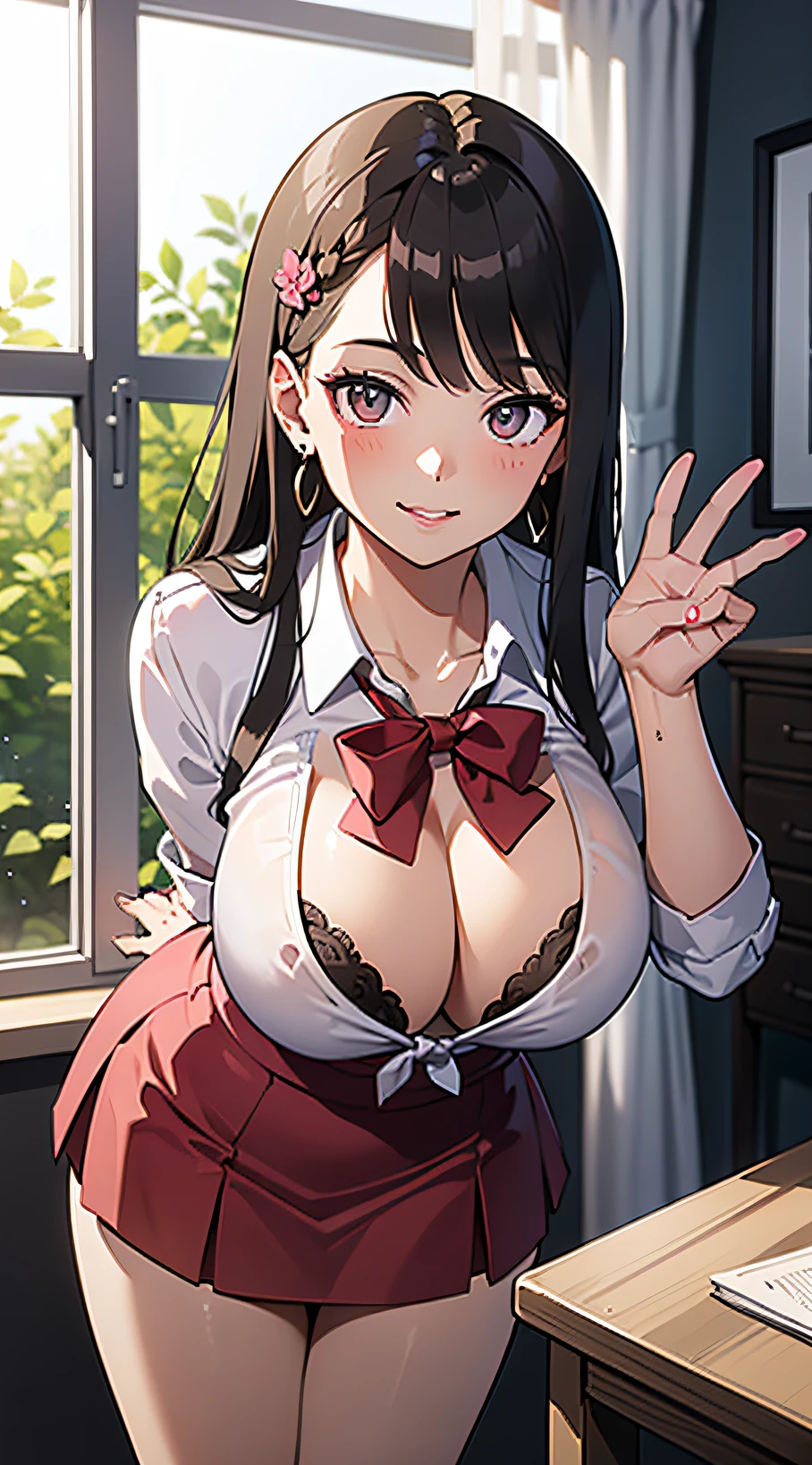 ((masterpiece, best quality, 4k)), 1girl, cowboy shot, huge breasts, gray eyes, long black hair, gyaru, hands behind back, manga, pink micro skirt, chromic aberration, detailed illustration, seductive pose, leaning forward, light smile, cleavage, tie top, pink bow tie, indoors, pink flowers, thick lips, pink bedroom background, plant, window, light particles, (cute face), thick thighs, realistic,