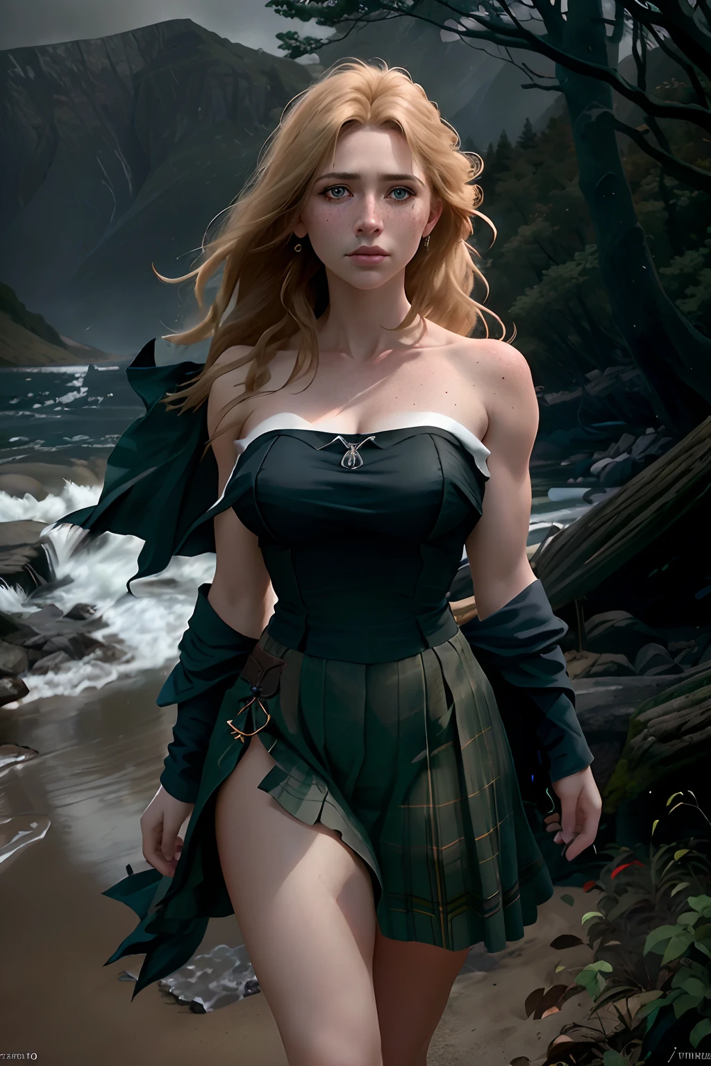 deep shadow, sinister, award winning photo, best quality, masterpiece, upper body, woman, freckled face, windblown blonde hair, emerald eyes, modern strapless dress by Jeremy Lipking, by Antonio J. Manzanedo, by lee jeffries nikon d850 film stock photograph 4 kodak portra 400 camera f1.6 lens rich colors hyper realistic lifelike texture dramatic lighting unreal engine trending on artstation cinestill 800, fisheye lens, Style-Kilt, windy beach, scottish loch, forest