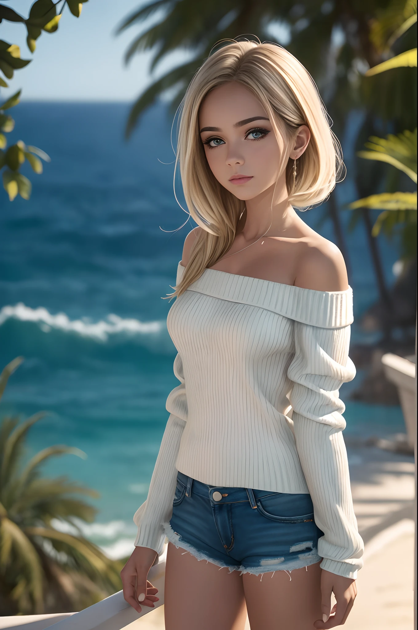 (), Peitos grandes,(master part), best quality, extremamente detalhado, (Aquarela), florescer, delicado e bonito, illustration, (de baixo),(1girl:1.4), (sozinho:1.2), seios grandes, (ribbed sweater:1.3), off-shoulder sweater, (short shorts:1.2), bareshoulders, (Peito Inferior), ((pele escura:0.8)), Olhos bonitos, (cabelos desgrenhados ), fotografia, tiro por cima do ombro, Directed by: Alex Maleev, profissional, Canon Camera, Nikon Camera, Sharp, Bokeh, studio quality, lente olho de peixe, Directed by: Robert Capa ,