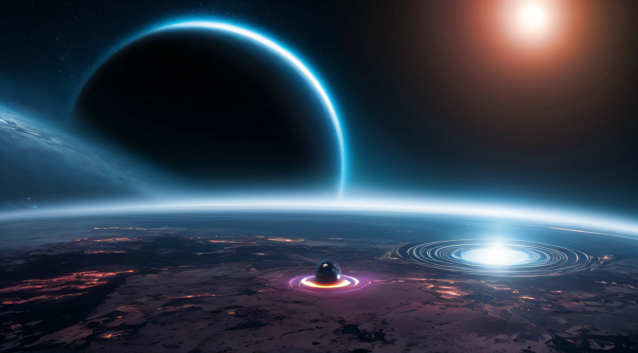 Create an illustration of a black hole in a futuristic setting, where humanity has colonized distant planets and uses the energy of the black hole for space travel.