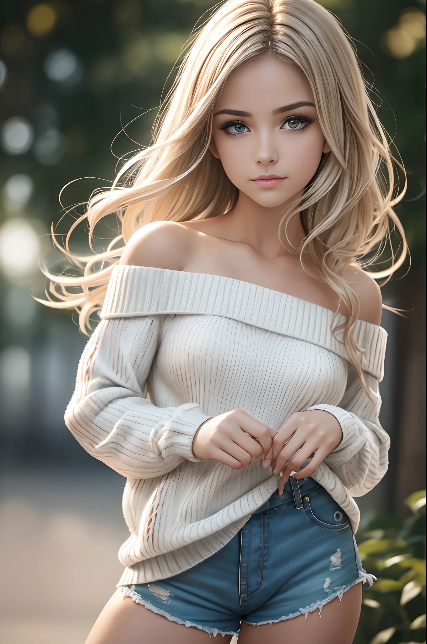 (), Peitos grandes,(master part), best quality, extremamente detalhado, (Aquarela), florescer, delicado e bonito, illustration, (de baixo),(1girl:1.4), (sozinho:1.2), seios grandes, (ribbed sweater:1.3), off-shoulder sweater, (short shorts:1.2), bareshoulders, (Peito Inferior), ((pele escura:0.8)), Olhos bonitos, (cabelos desgrenhados ), fotografia, tiro por cima do ombro, Directed by: Alex Maleev, profissional, Canon Camera, Nikon Camera, Sharp, Bokeh, studio quality, lente olho de peixe, Directed by: Robert Capa ,