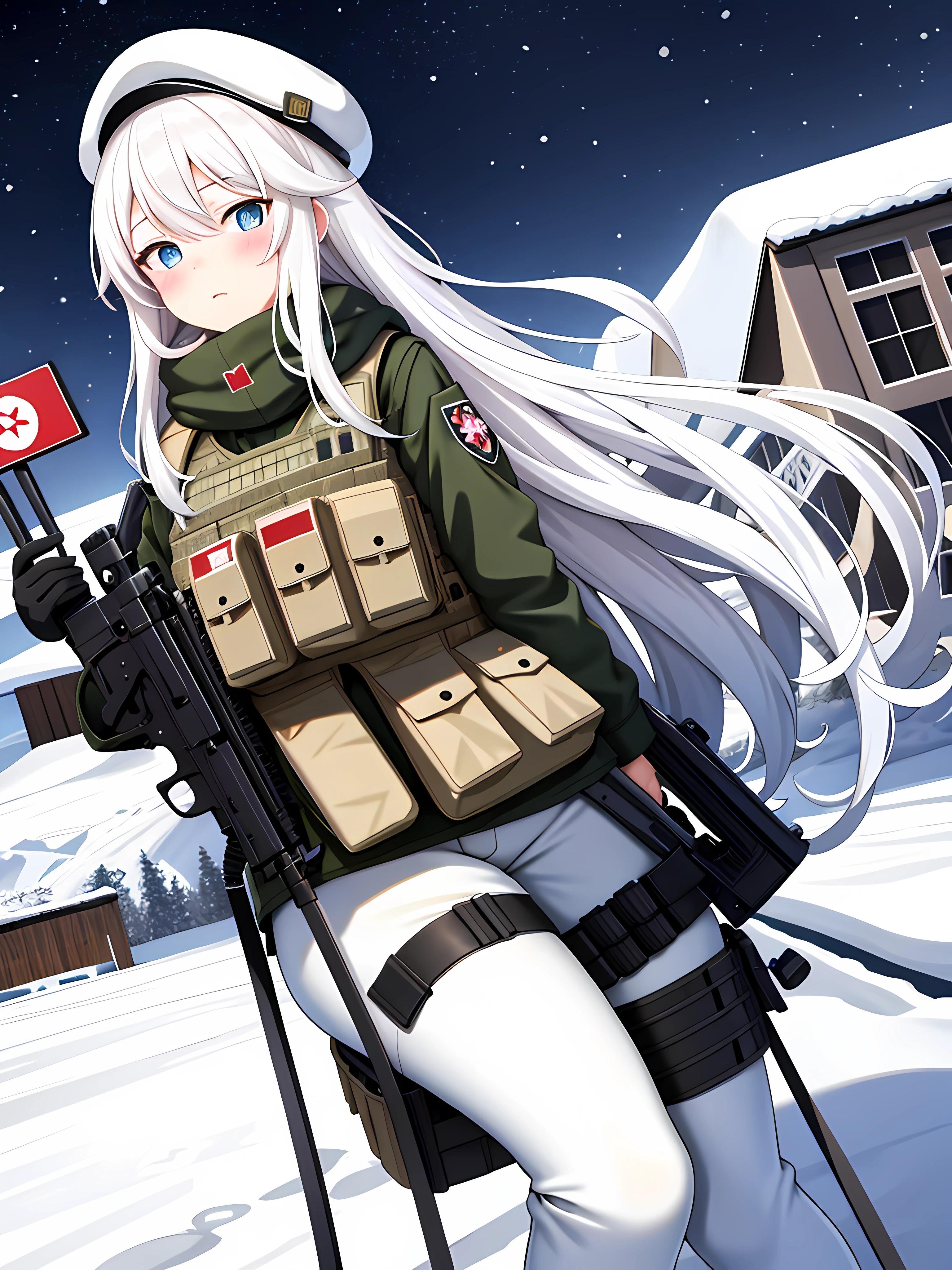 masterpiece, best quality, highres, anime, art, blush stickers, long hair, white hair, blue eyes. camouflage clothing, bulletproof vest, fluffy white winter hat, camouflage white pants, serious, gun in hand, outdoors, snowy mountain, snow, flowers