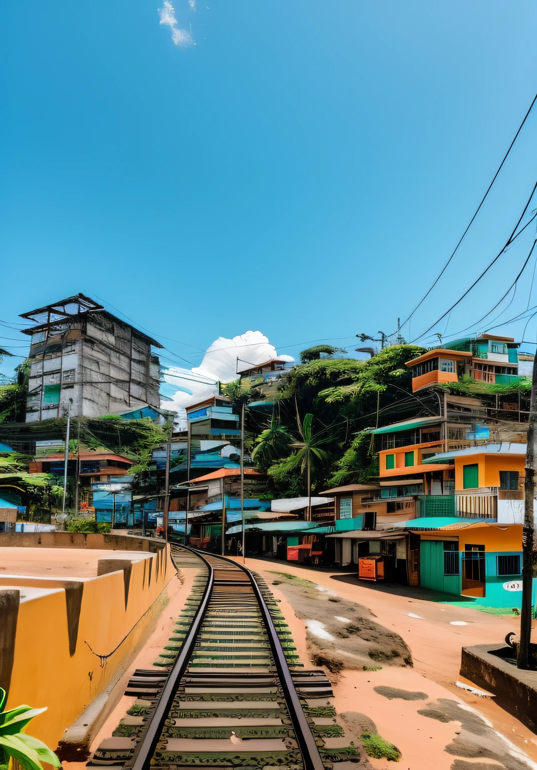There is a train track running along the tracks near a beach, rio de janeiro, Location ( favela ), rio de janeiro favela, favela, um ambiente de favela opulento, montanha, Favelas no Rio, Location ( favela _ PAREDE ), Catedral da nave espacial da favela, favelas, cidade de cliffside, salvador, favela futurista, viajar, brasileiro
