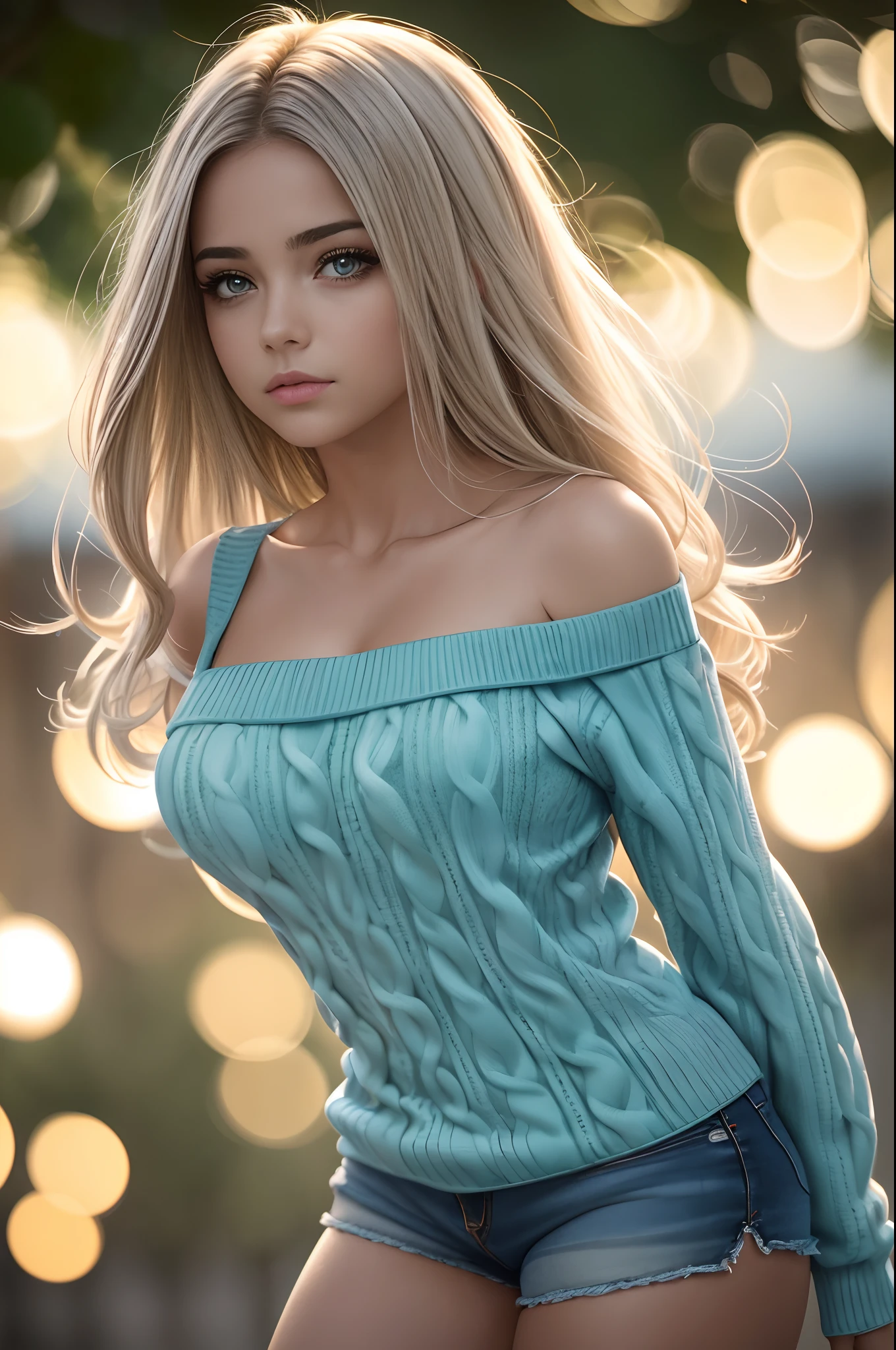 (), Peitos grandes,(master part), best quality, extremamente detalhado, (Aquarela), florescer, delicado e bonito, illustration, (de baixo),(1girl:1.4), (sozinho:1.2), seios grandes, (ribbed sweater:1.3), off-shoulder sweater, (short shorts:1.2), bareshoulders, (Peito Inferior), ((pele escura:0.8)), Olhos bonitos, (cabelos desgrenhados ), fotografia, tiro por cima do ombro, Directed by: Alex Maleev, profissional, Canon Camera, Nikon Camera, Sharp, Bokeh, studio quality, lente olho de peixe, Directed by: Robert Capa ,