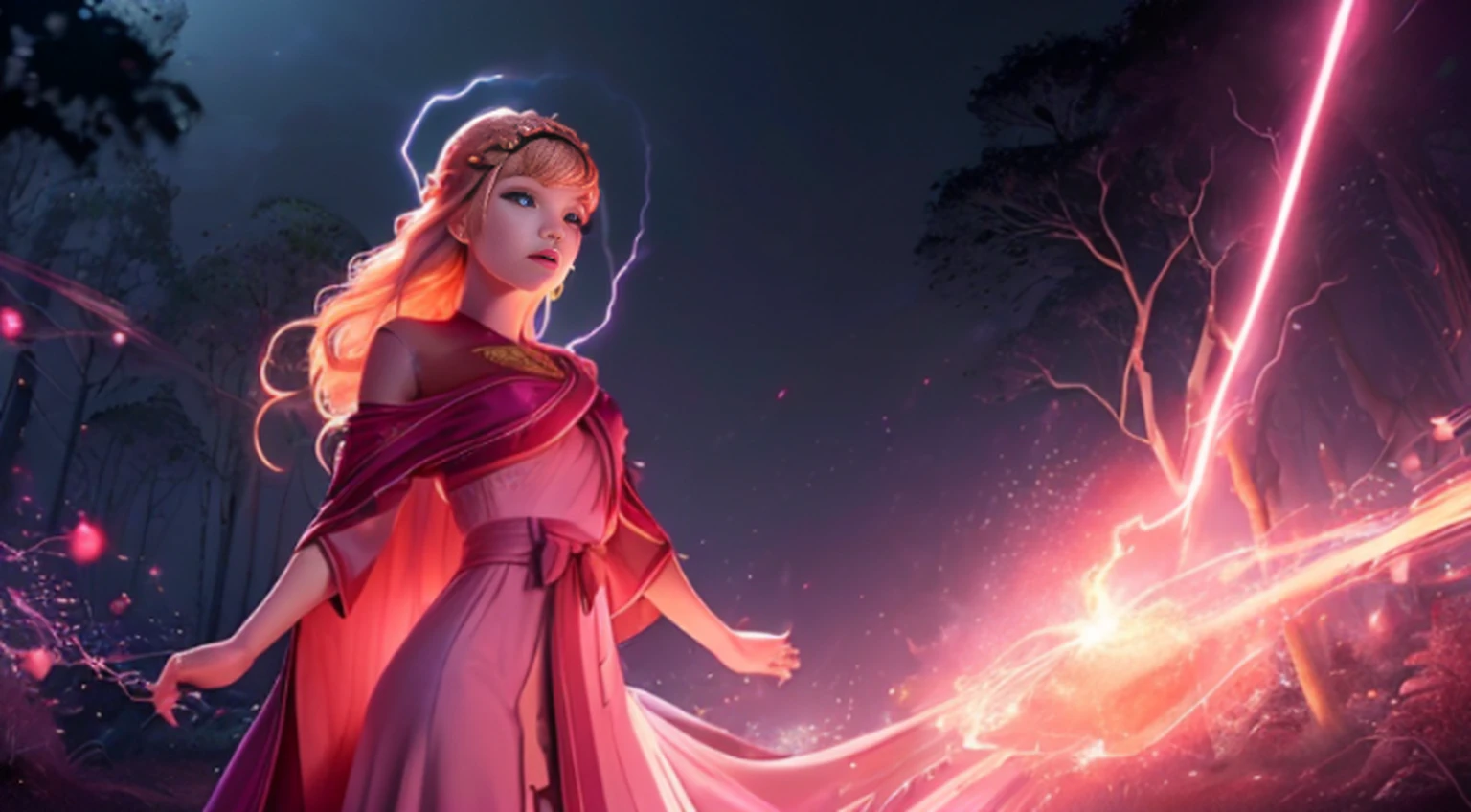 A woman in a light pink dress standing in a cherry forest, Artgerm, paisagem realista, Artgerm detalhado, olhos perfeitos, rosto perfeito, Ultra Detalhado, tiro de corpo inteiro, (Skindentation: 1.5), realista, realista, (obra-prima: 1.5), arte conceitual, detalhes intrincados, altamente detalhado, realista, octane rendering, 8K, motor irreal, dinamic pose, melhor qualidade, alta resolução, (rosto realista: 1.1), (hiper-realismo: 1.1) , ((full_body)), olhos perfeitos, (pele brilhante: 1.2), ((penteado))), ((perfect hands))), (fundo muito detalhado), ((dynamic background), ((lightning), (lightning), ((1girl)), Vestindo um manto, (((Manto de fluxo))), ((Olhos detalhados, Olhos de alta qualidade, Rosto de alta qualidade)), vestido rosa claro extremamente complexos, magical robes), casting lightning, eletricidade, spinning flame, radiation, spark, smoke, magia, (dramatic), epic, campo de batalha, profundidade de campo, bokeh, 4k, gotica, cinzas, particules.